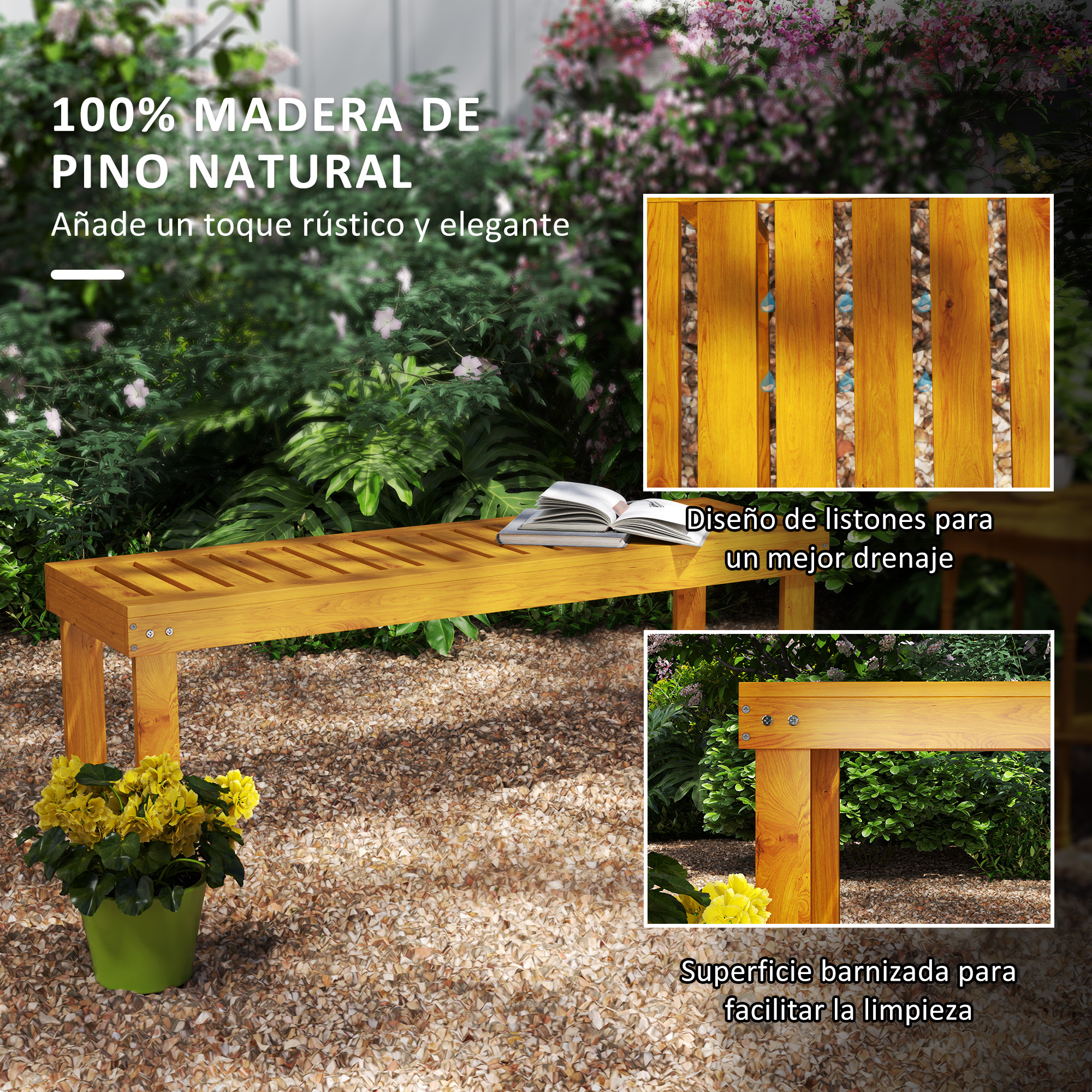 Banca de madera en jardín con libros, flores y grava bajo las lamas.