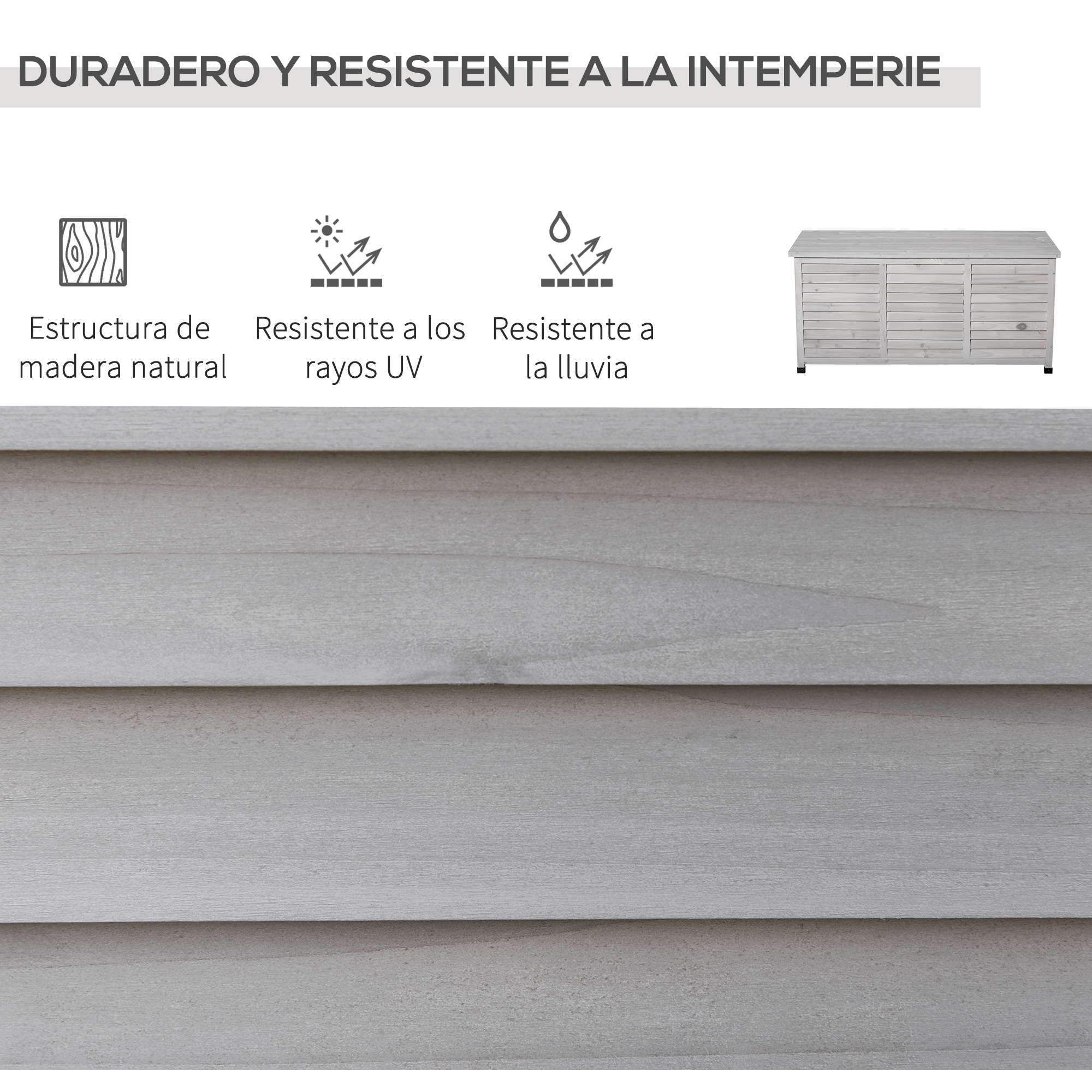 Caja de madera gris con puerta de lamas, resistente.
