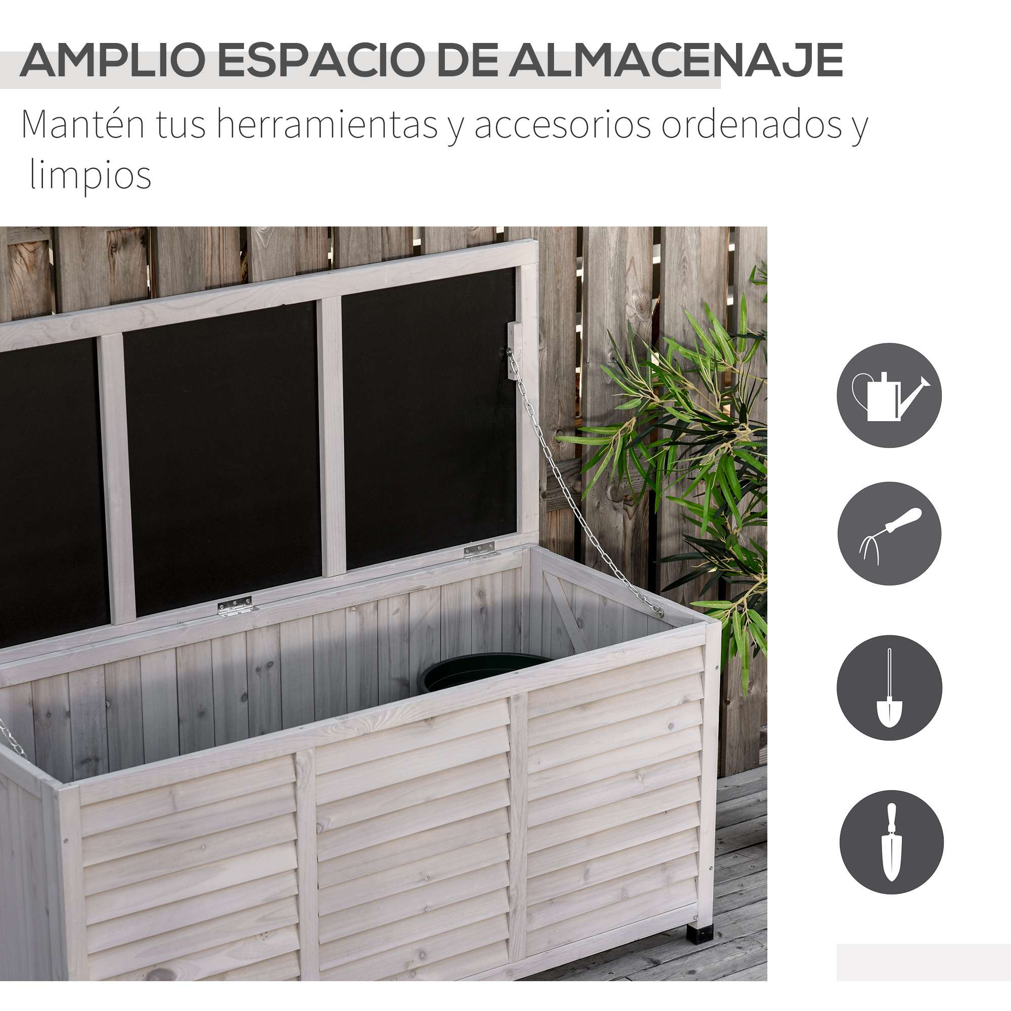 Una caja de almacenamiento de madera blanca con la tapa abierta, sobre una tarima de madera.