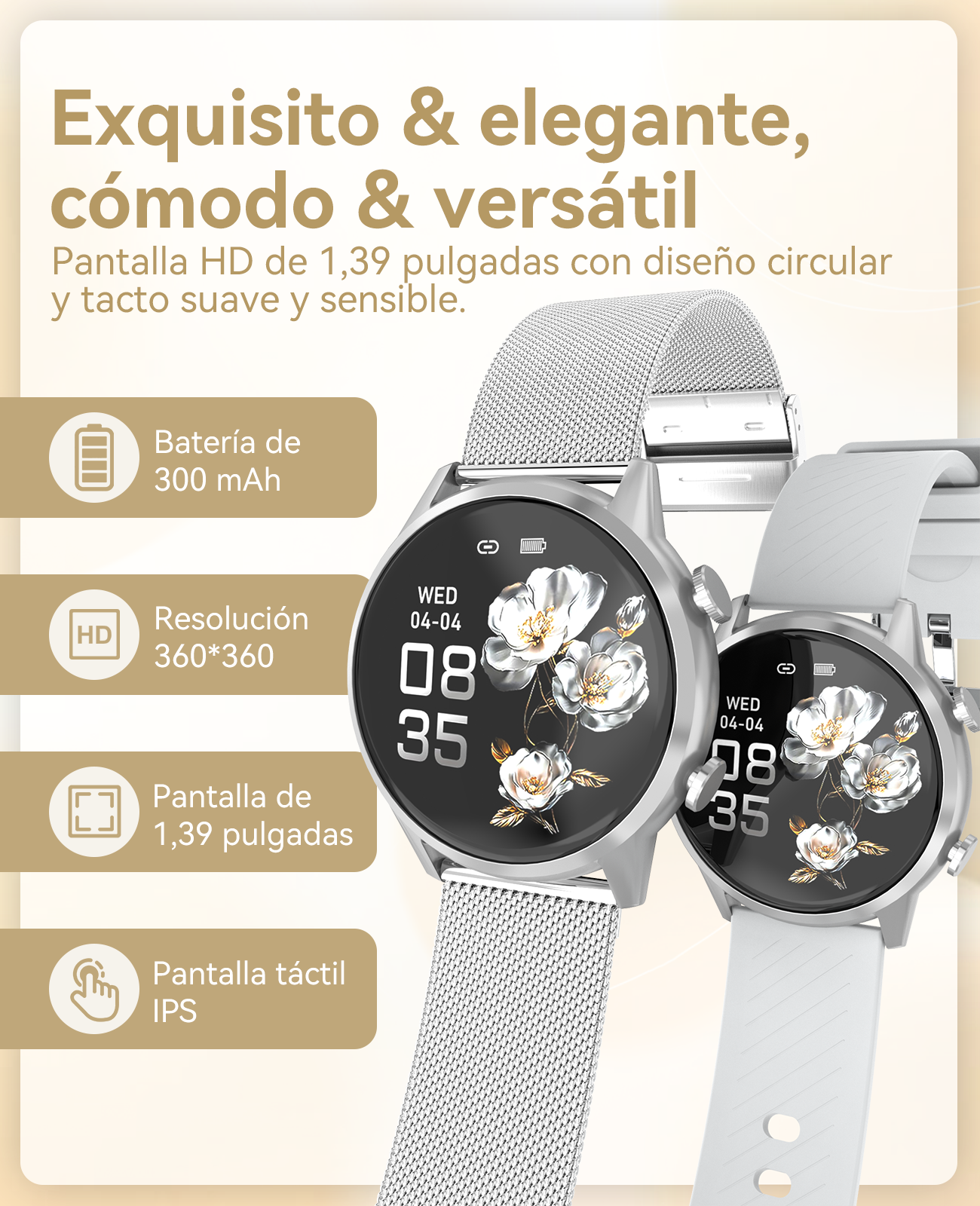 Dos relojes inteligentes plateados con pantalla floral y correas blancas y plateadas.