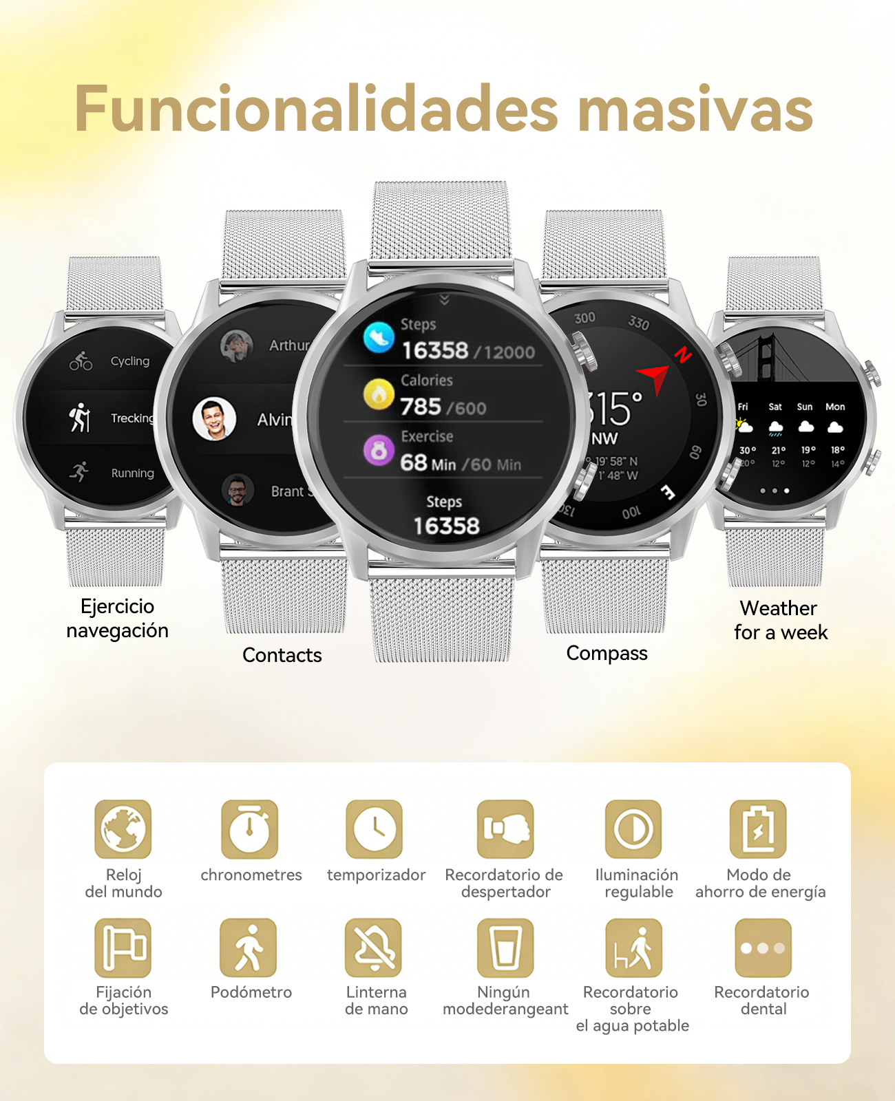 Múltiples smartwatches muestran varias funciones como pasos, contactos y clima.