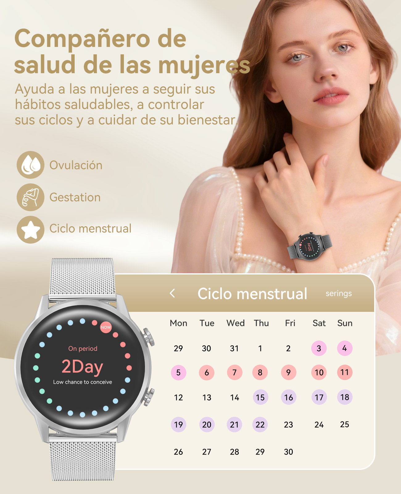 Una mujer lleva un reloj inteligente que muestra su ciclo menstrual. Vista de calendario.