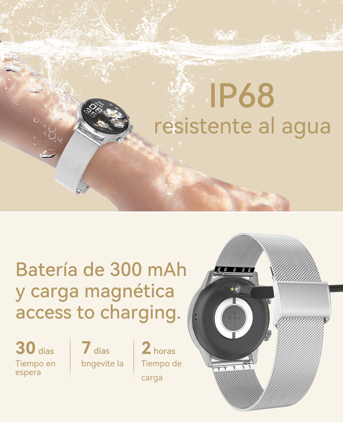 Un reloj inteligente plateado con correa de malla se muestra, resistente al agua.