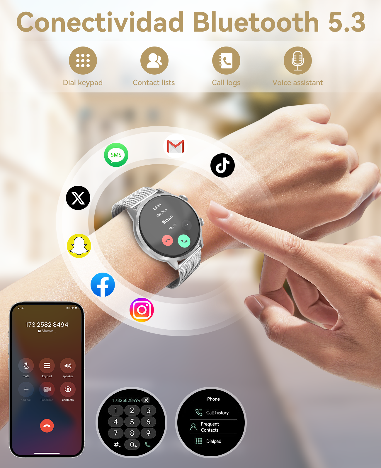 Reloj inteligente con apps: llamadas, SMS, mail, Tik Tok, X, Snapchat, FB, Insta. Tel. muestra llamada.