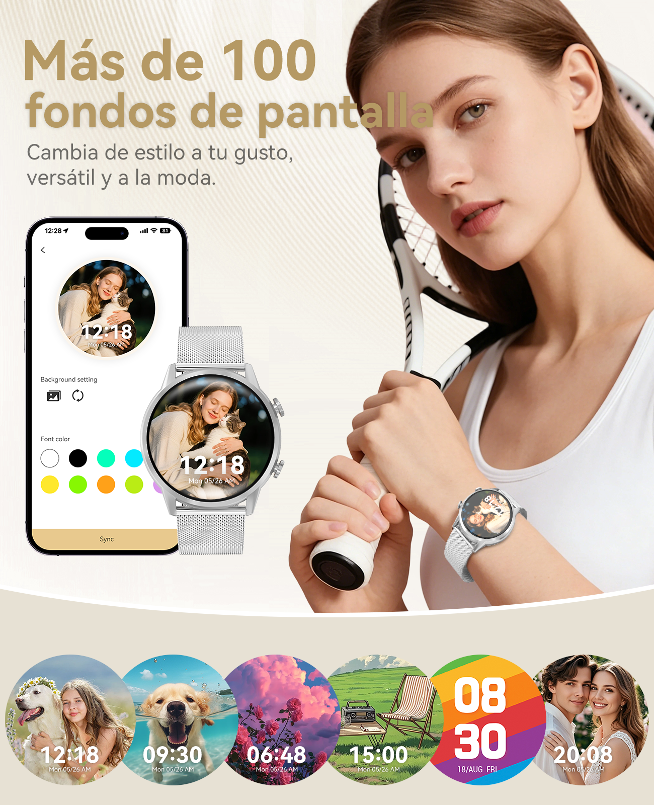 Una mujer con una raqueta de tenis y un smartwatch mostrando varias esferas.