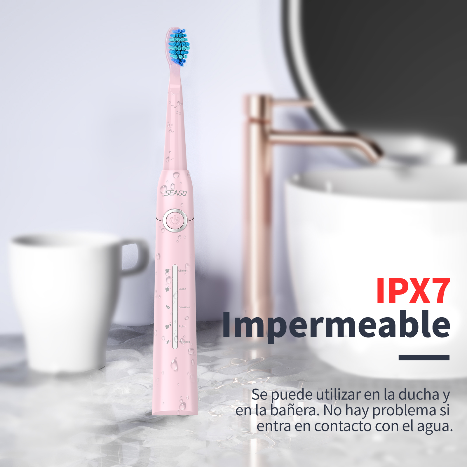 Un cepillo de dientes eléctrico rosa con cerdas azules junto a una taza.