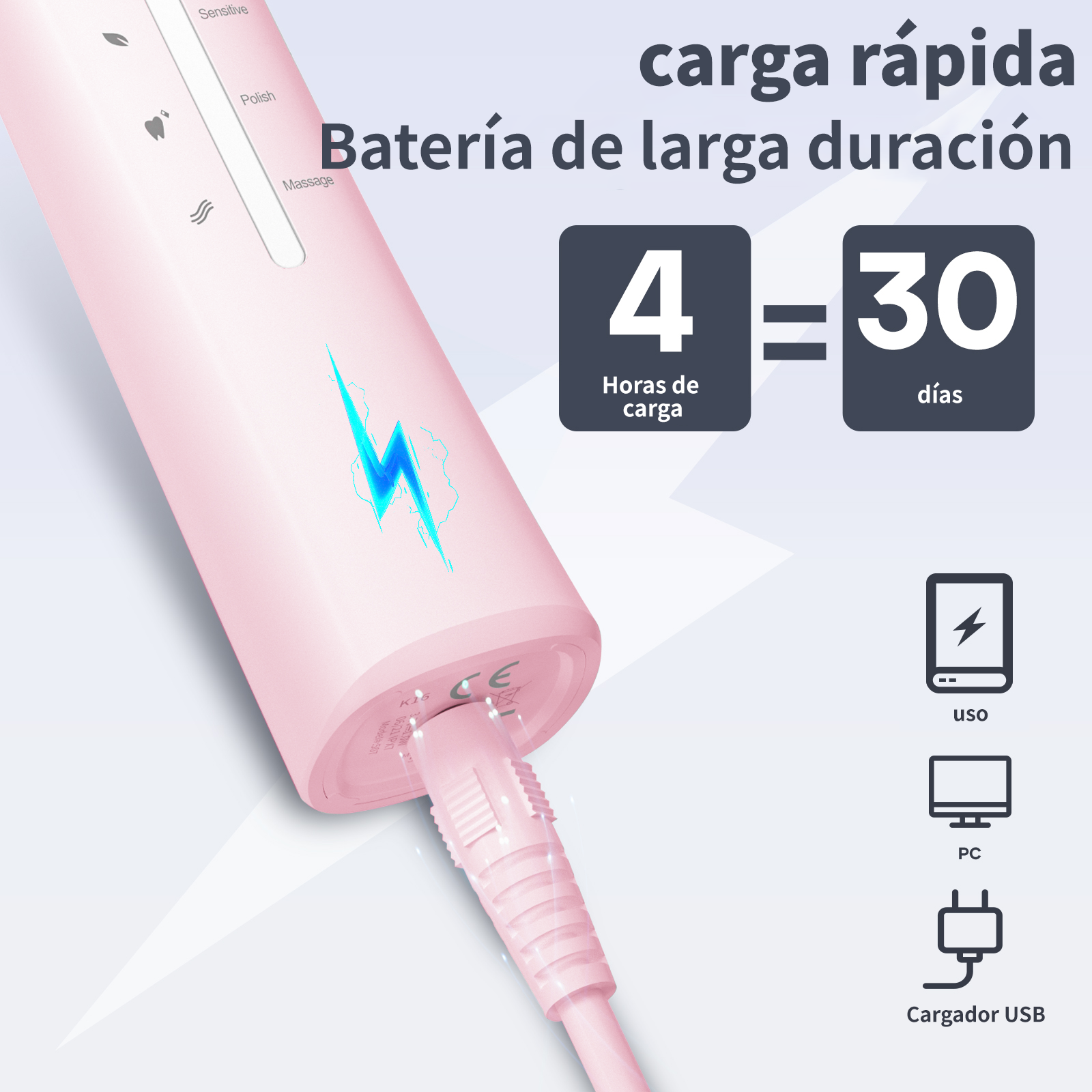 Dispositivo rosa con rayo. 4h de carga para 30 días de uso.
