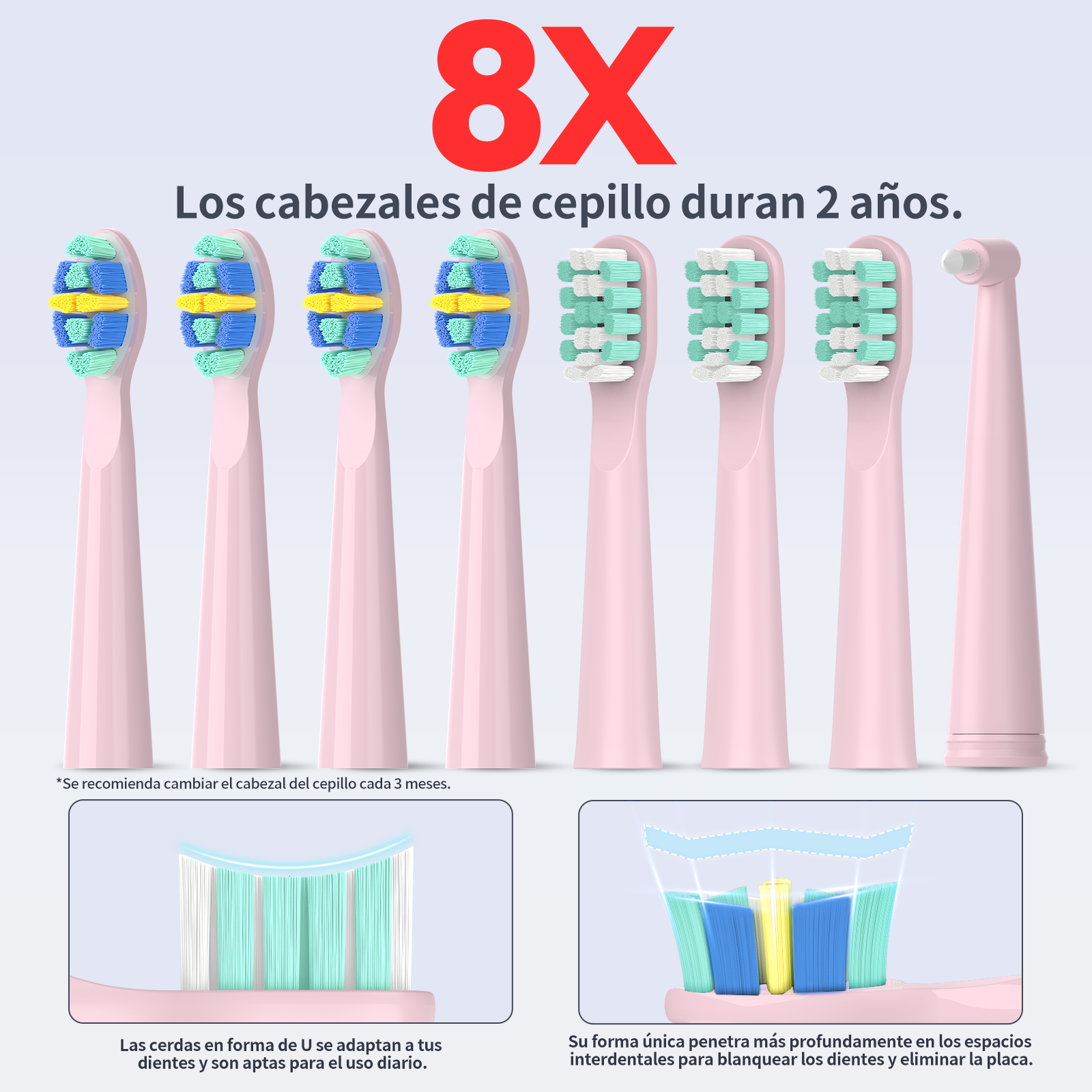 Ocho cabezales de cepillo rosas con cerdas coloridas: cuatro con azul/amarillo, cuatro con verde/blanco.