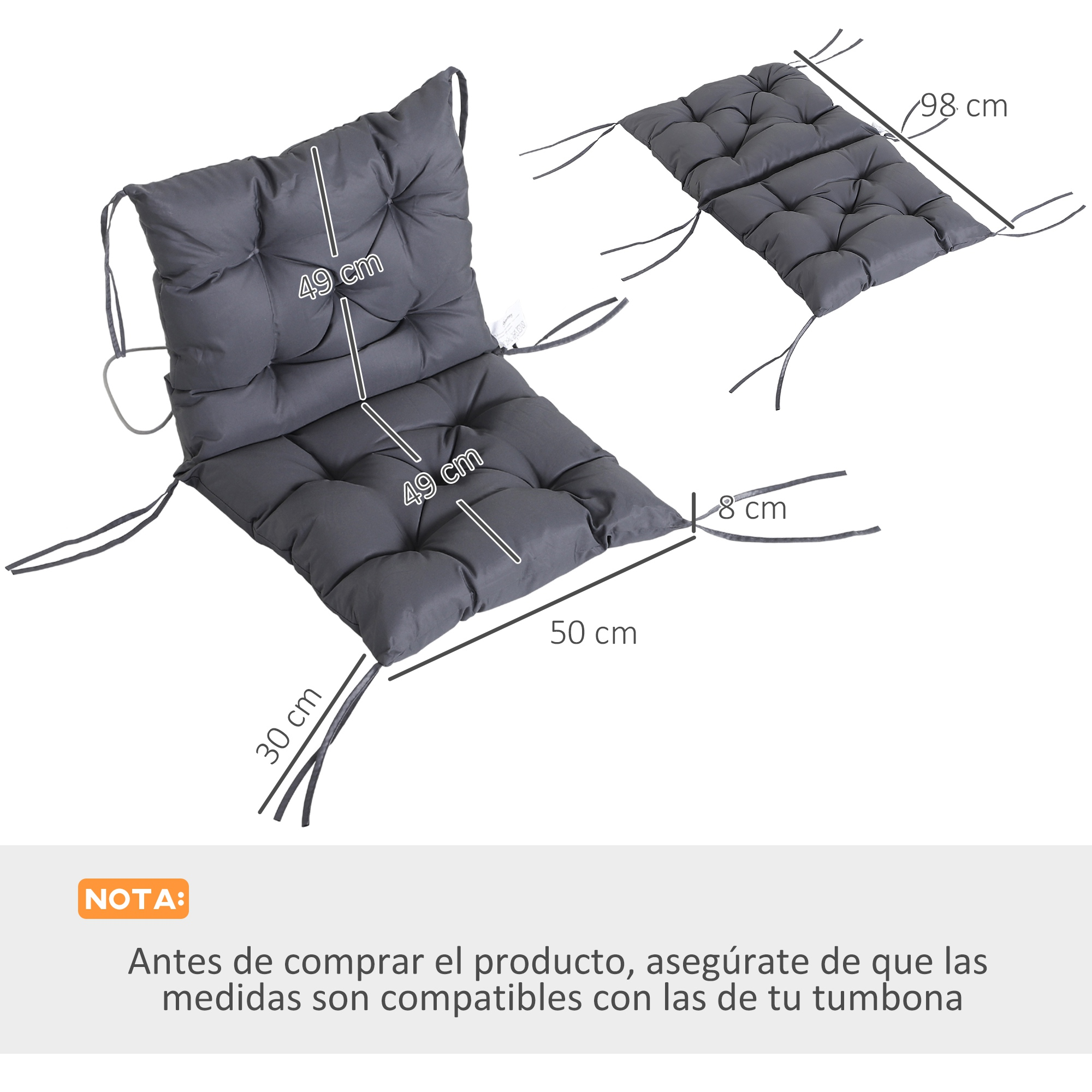 Cojín gris con medidas: 98x50x8cm. Con cintas para sujeción.