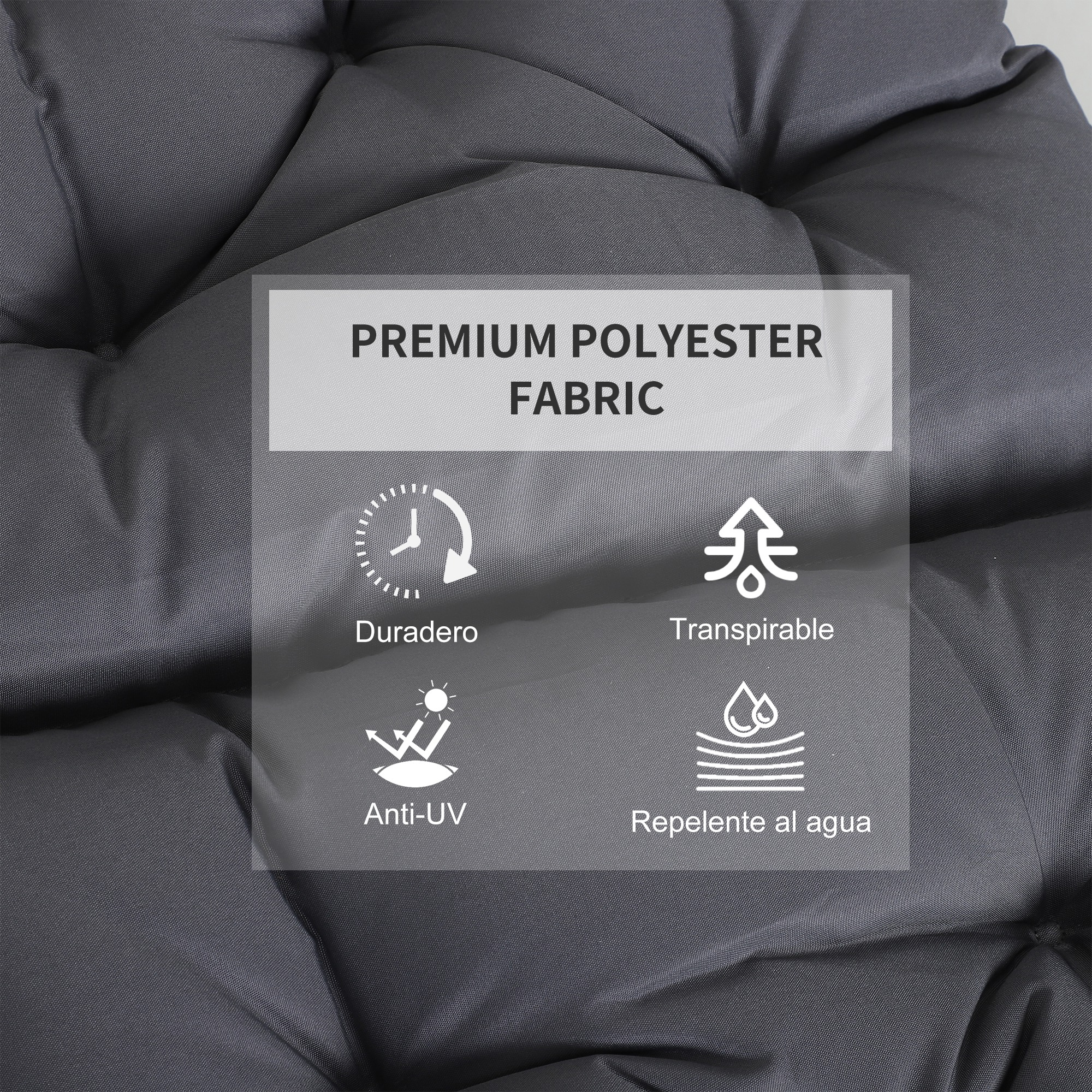 Tejido de poliéster gris oscuro con iconos de durabilidad, transpirabilidad, resistencia UV, repelencia al agua.