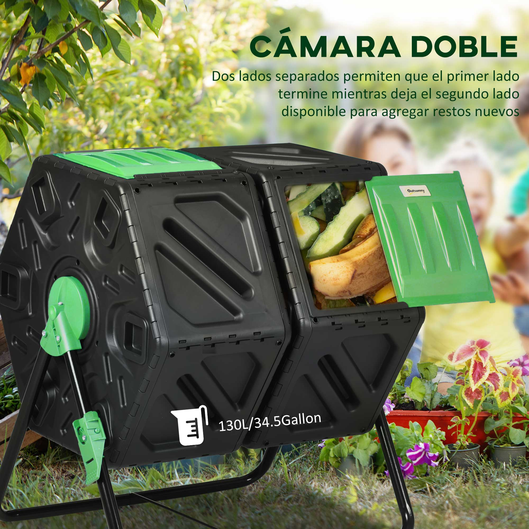 Compostador negro de doble compartimento lleno de restos vegetales.