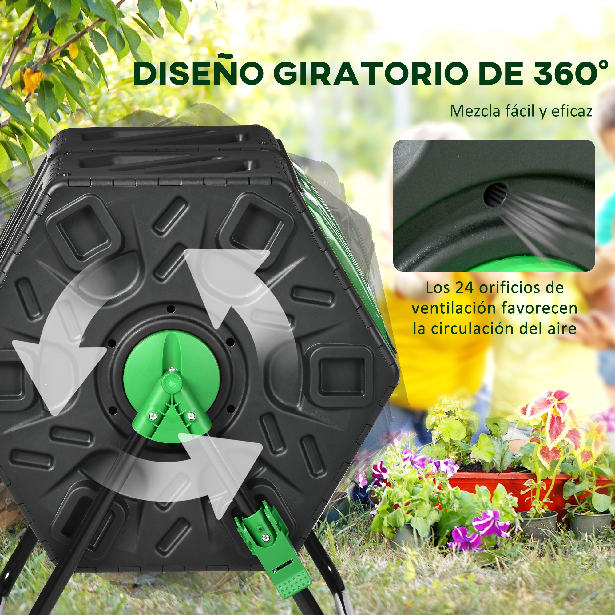 Compostador negro con acentos verdes y flechas indicando rotación 360°.