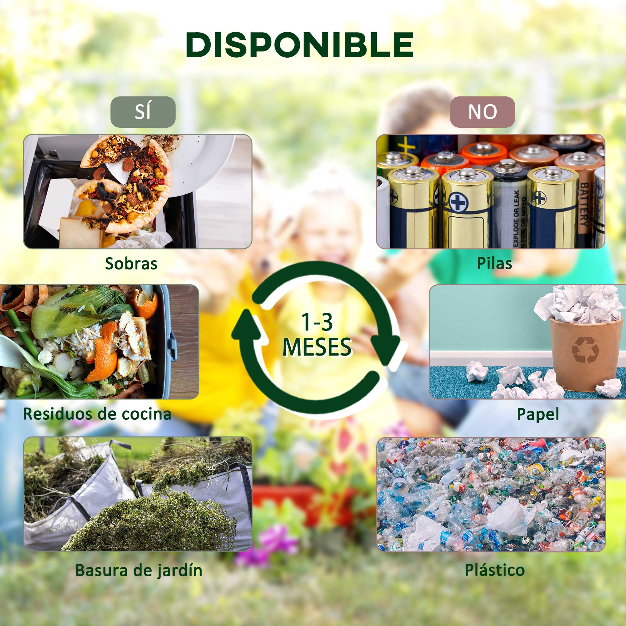 Disponible: Sobras, residuos de cocina, basura de jardín, plástico, papel. No disponible: Pilas.