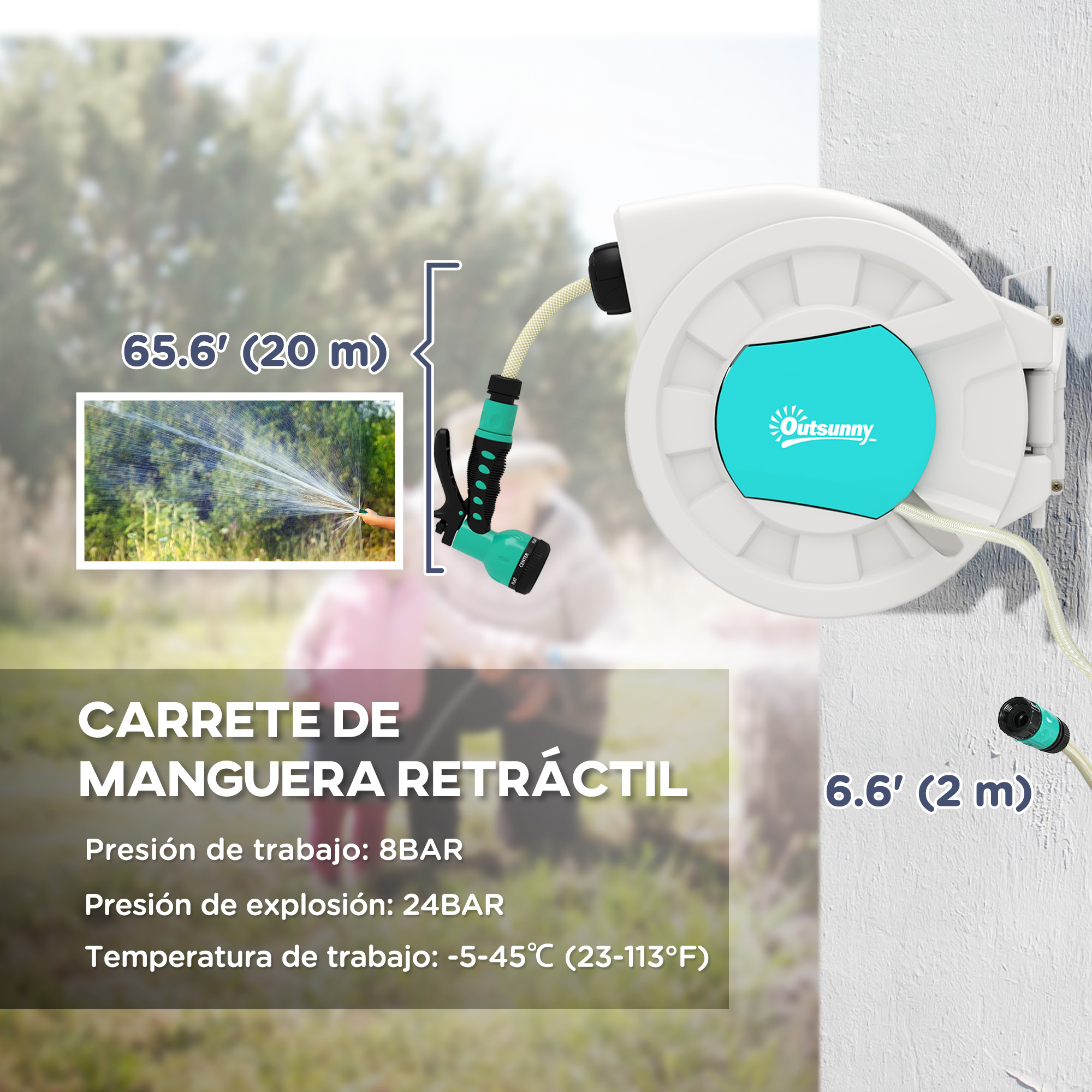 Un enrollador de manguera blanco montado en pared con especificaciones.