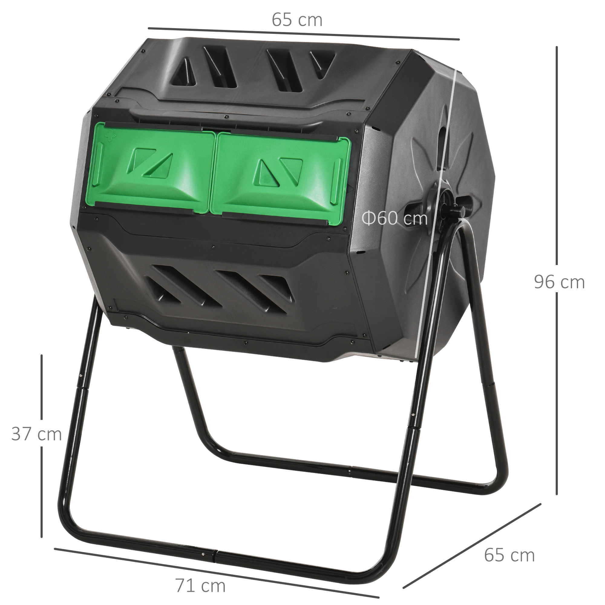 Compostador negro con dos puertas verdes sobre un soporte metálico.