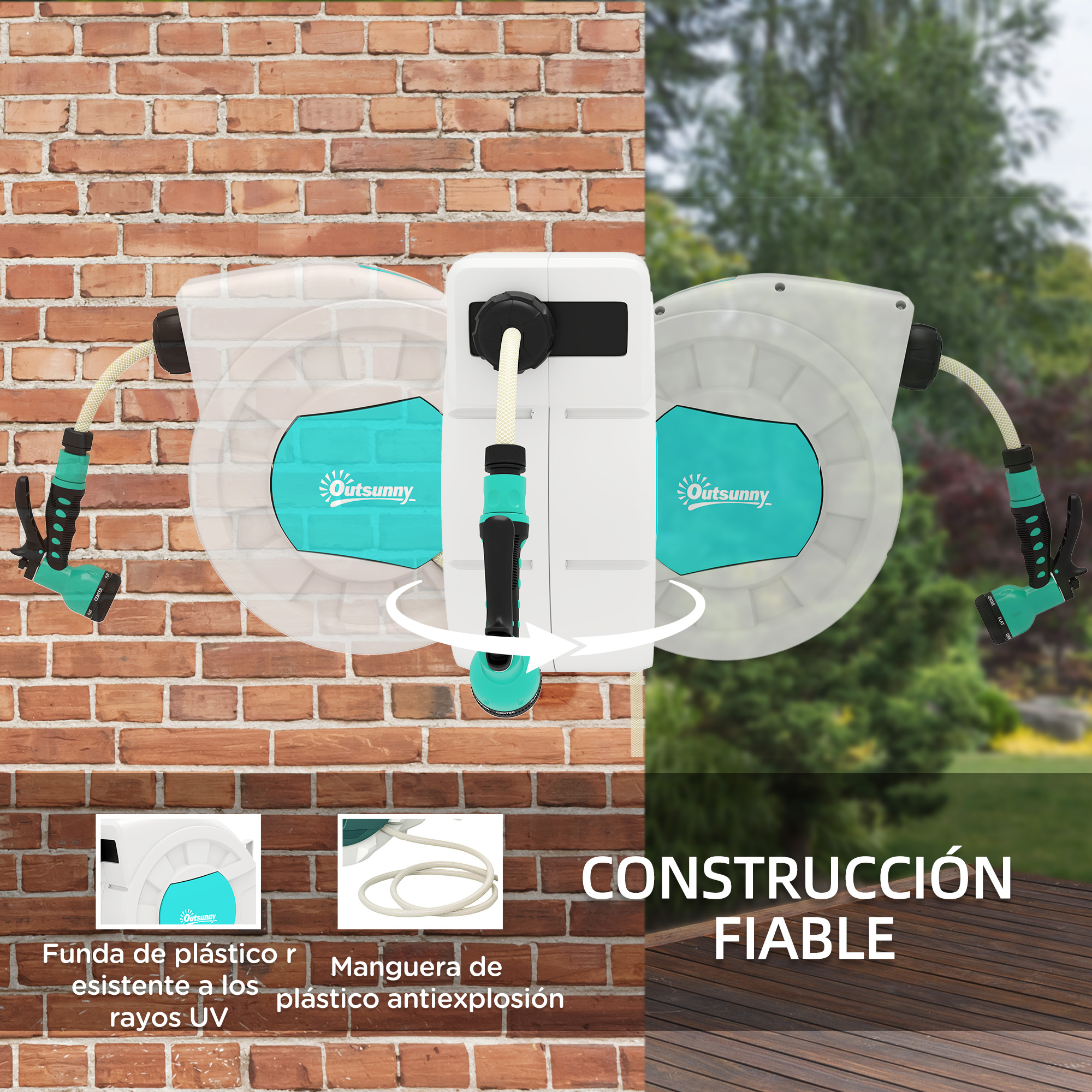 Un enrollador de manguera blanco con boquilla de pulverización verde en pared de ladrillos.