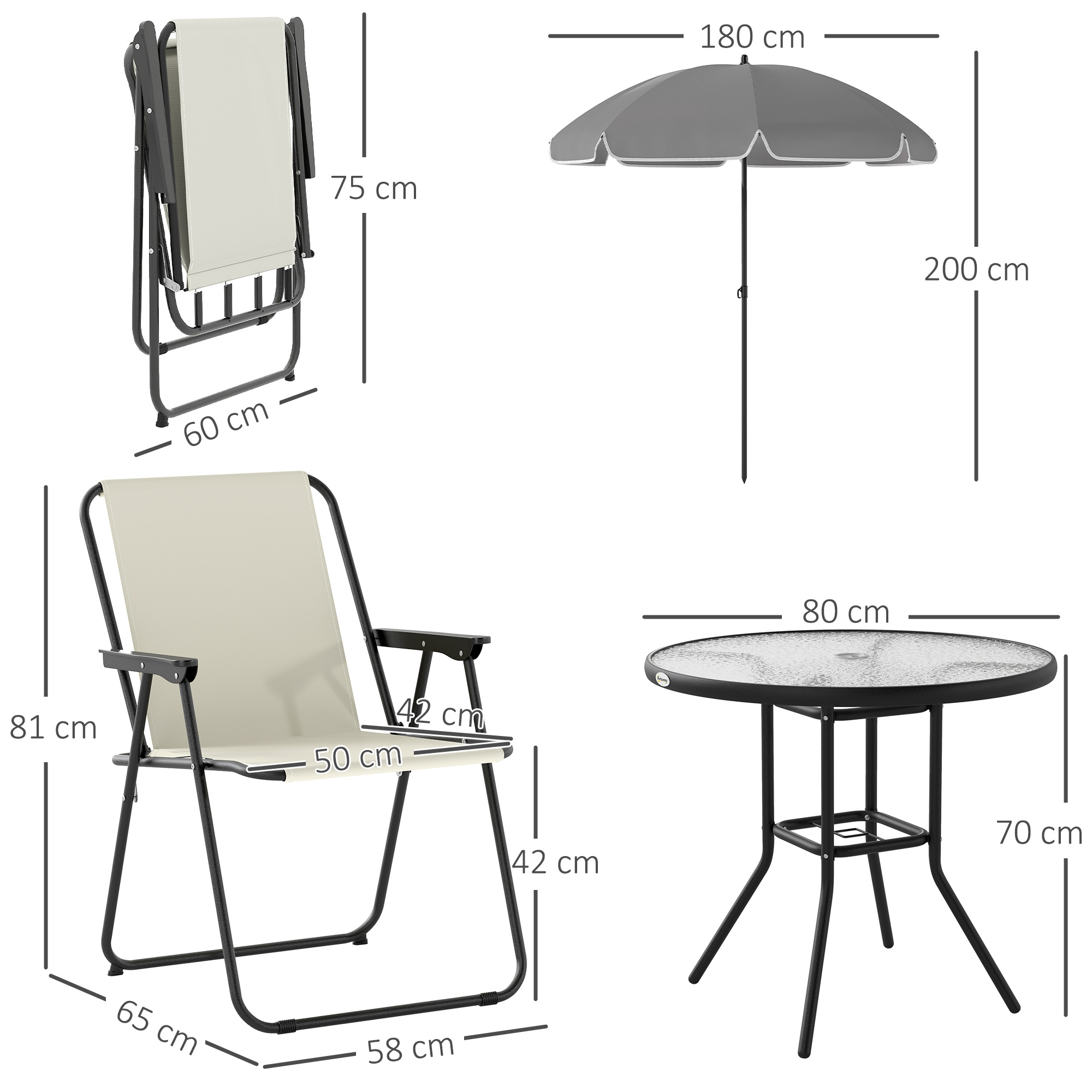 Medidas de una silla plegada, silla abierta, sombrilla y mesa.