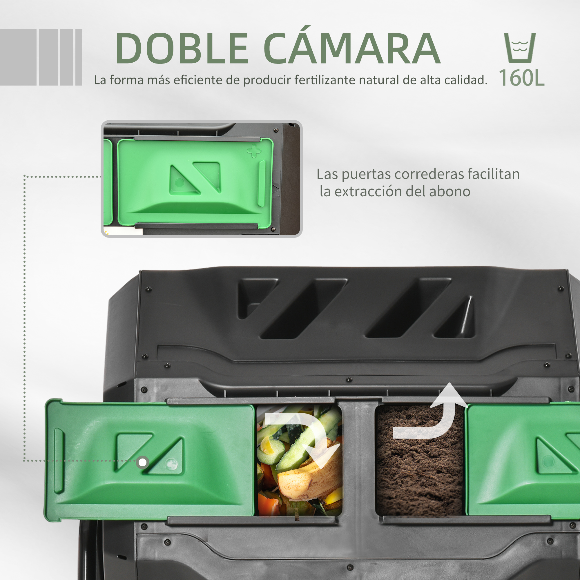 Compostador de dos cámaras con puertas verdes y contenido de compost.