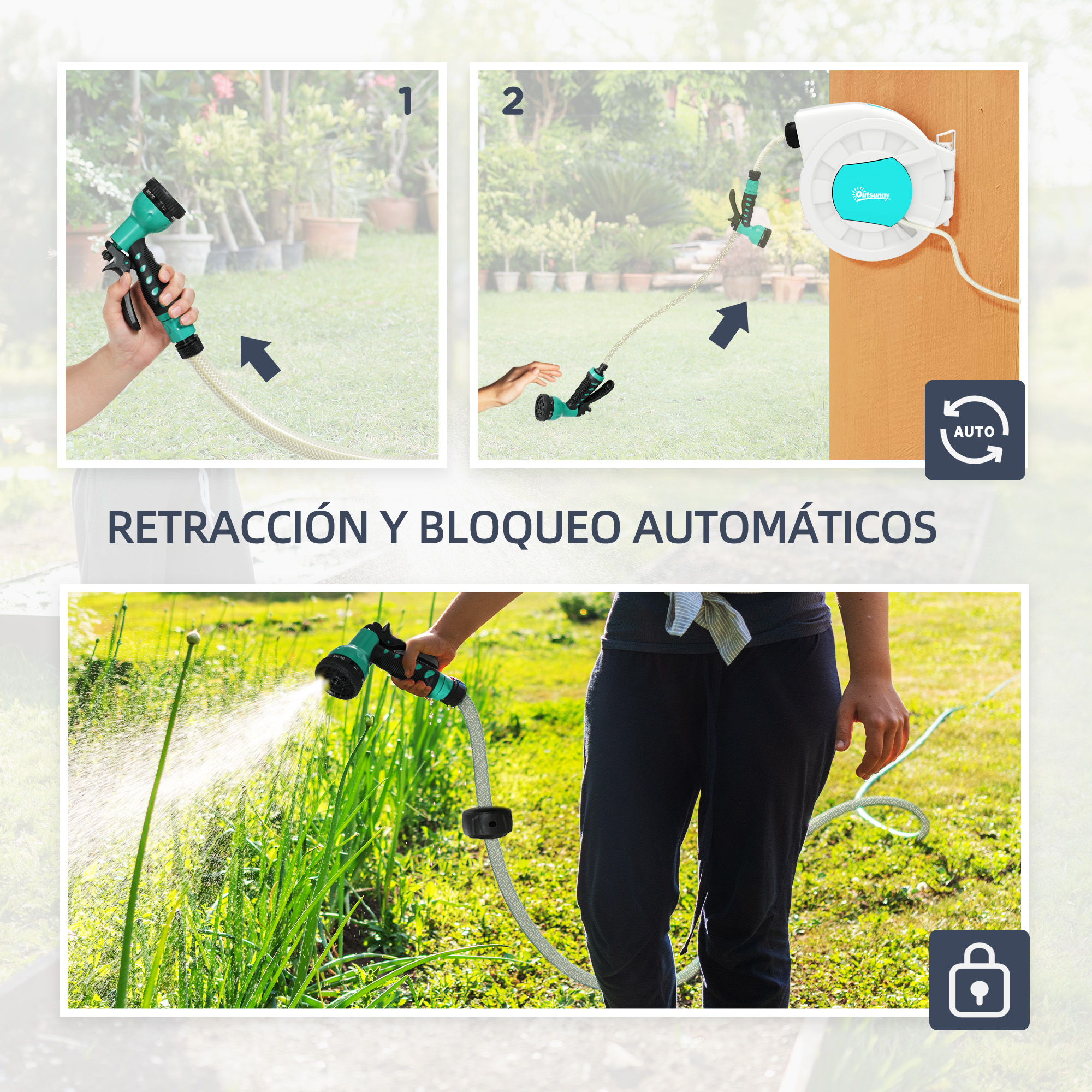 Una mano sostiene una pistola pulverizadora apuntando a plantas verdes.