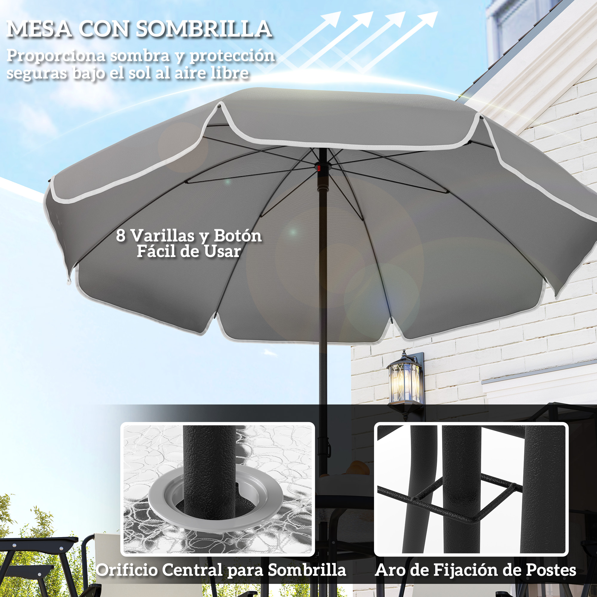 Sombrilla gris sobre una mesa con agujero central y fijación.