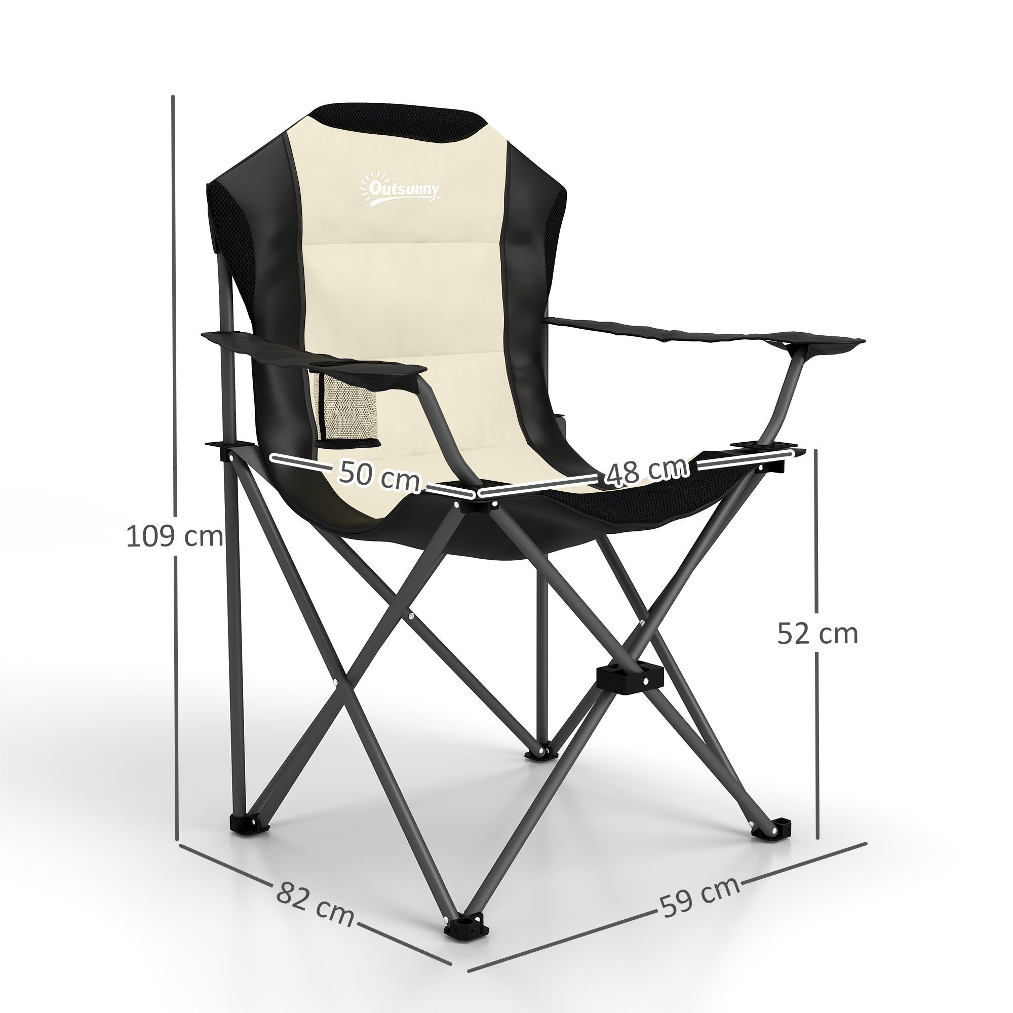 Silla plegable beige y negra con dimensiones. Sobre fondo blanco.