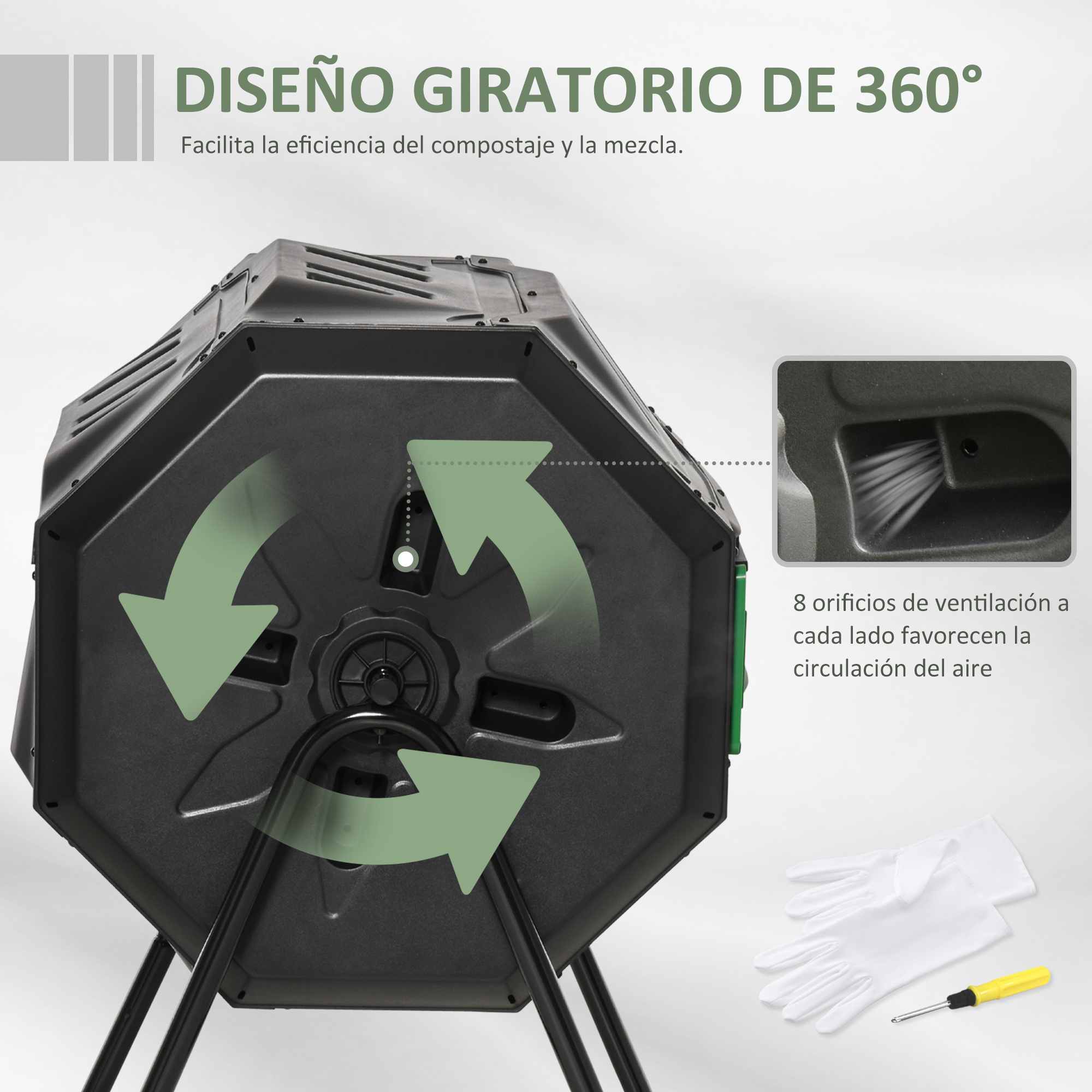 Compostador negro giratorio 360° con flechas verdes y detalles de ventilación.