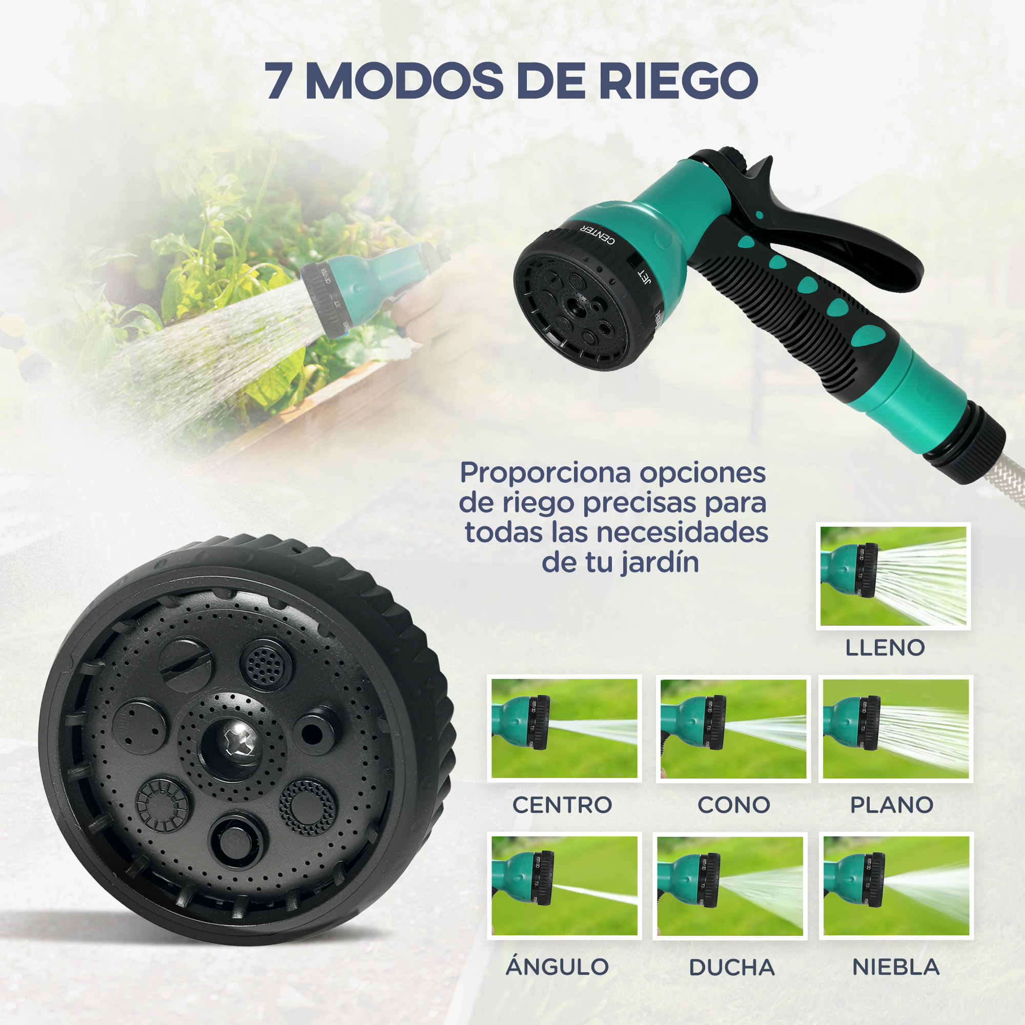 Boquilla de manguera de jardín con 7 modos de riego: lleno, centro, cono, plano, ángulo.