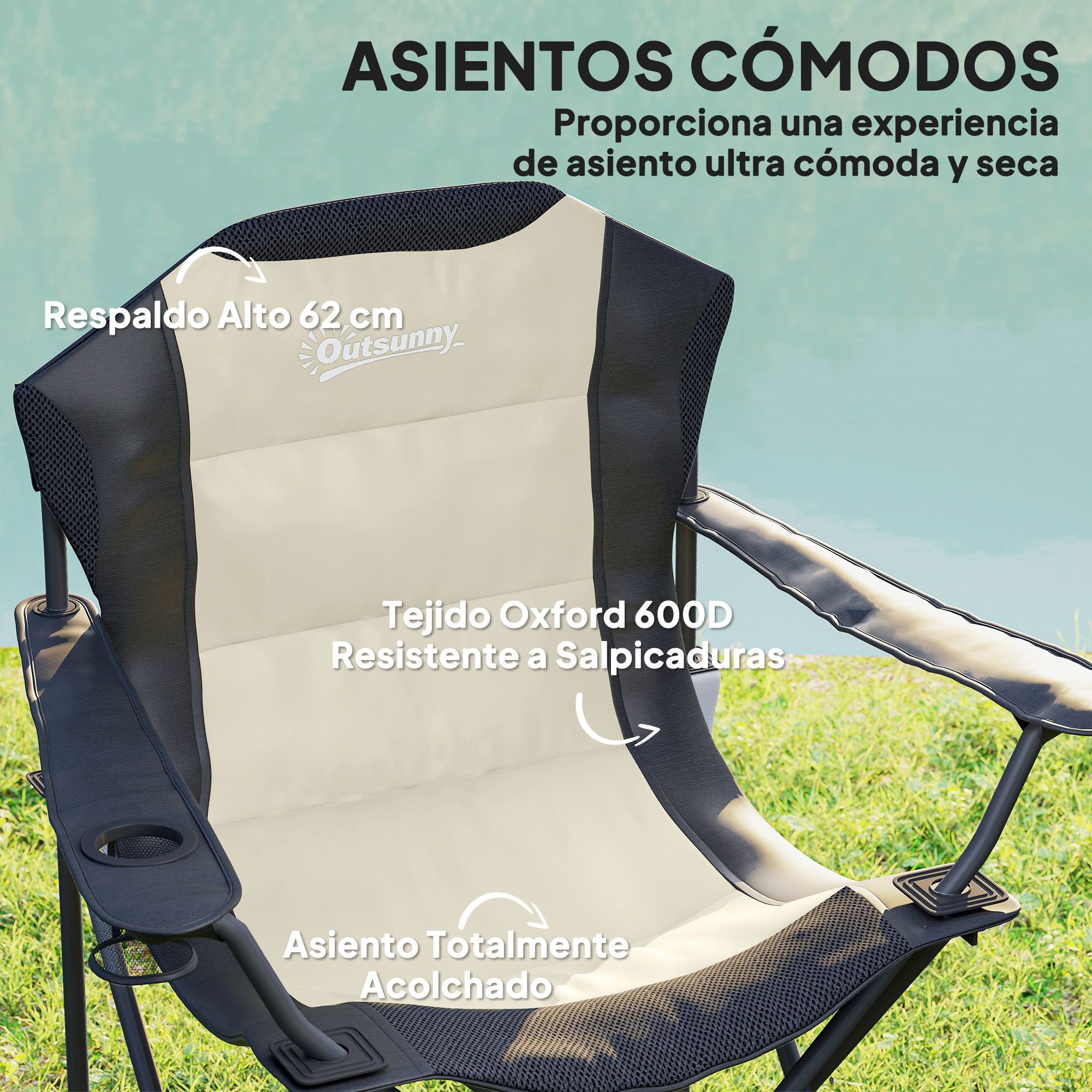 Una silla de camping beige y negra con respaldo alto y reposabrazos.