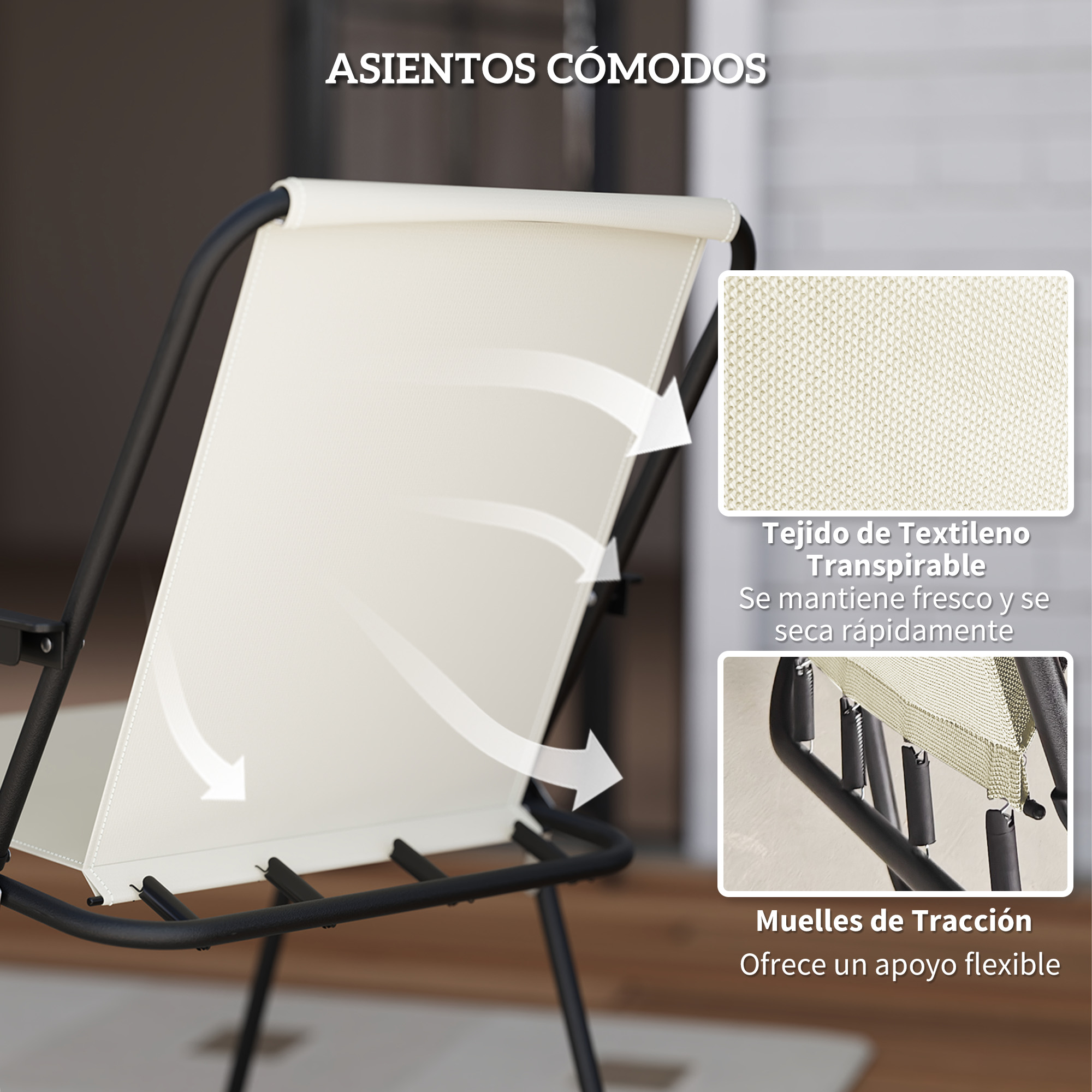 Una silla blanca con marco negro muestra tela transpirable y resortes.