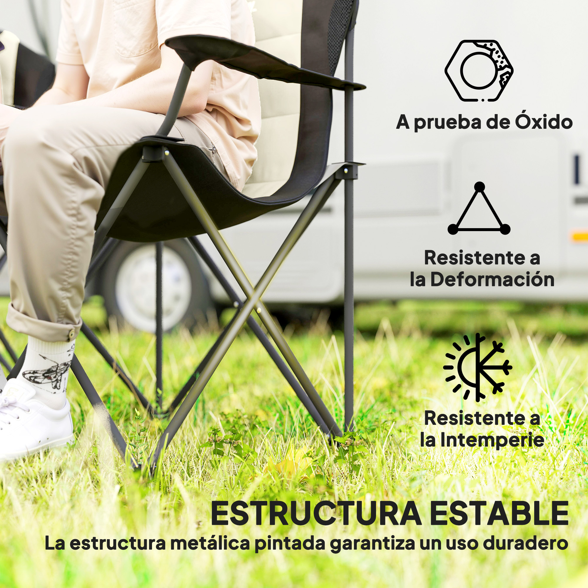Un hombre sentado en silla de camping. Iconos de resistencia al óxido, deformación y clima.