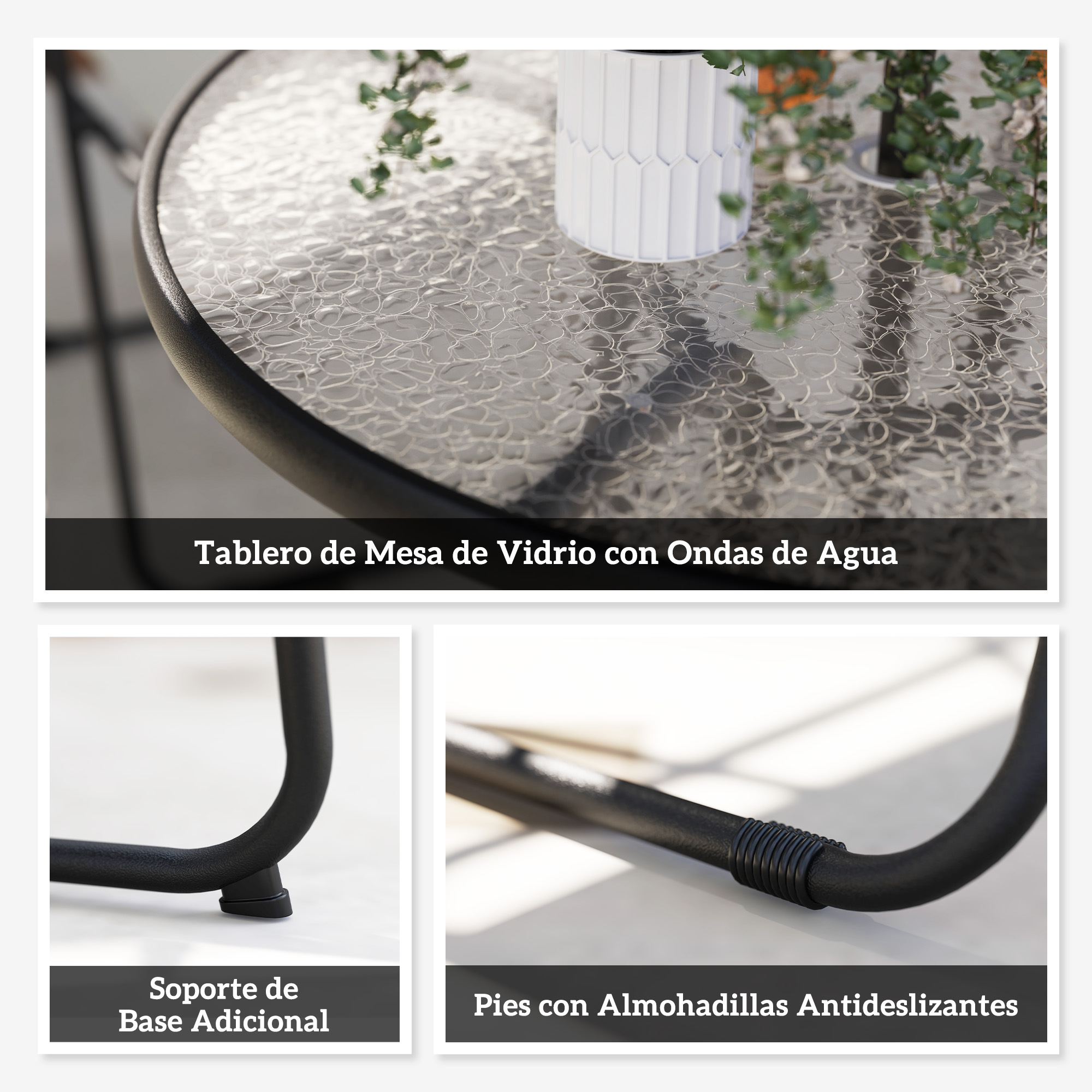 Tablero de vidrio con patrón de ondas de agua, patas con pies antideslizantes.