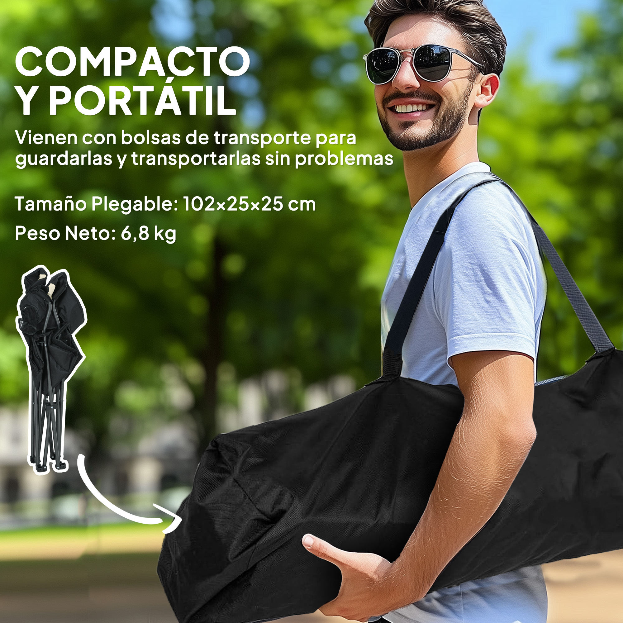 Hombre lleva una bolsa negra, hay una silla plegable al lado.