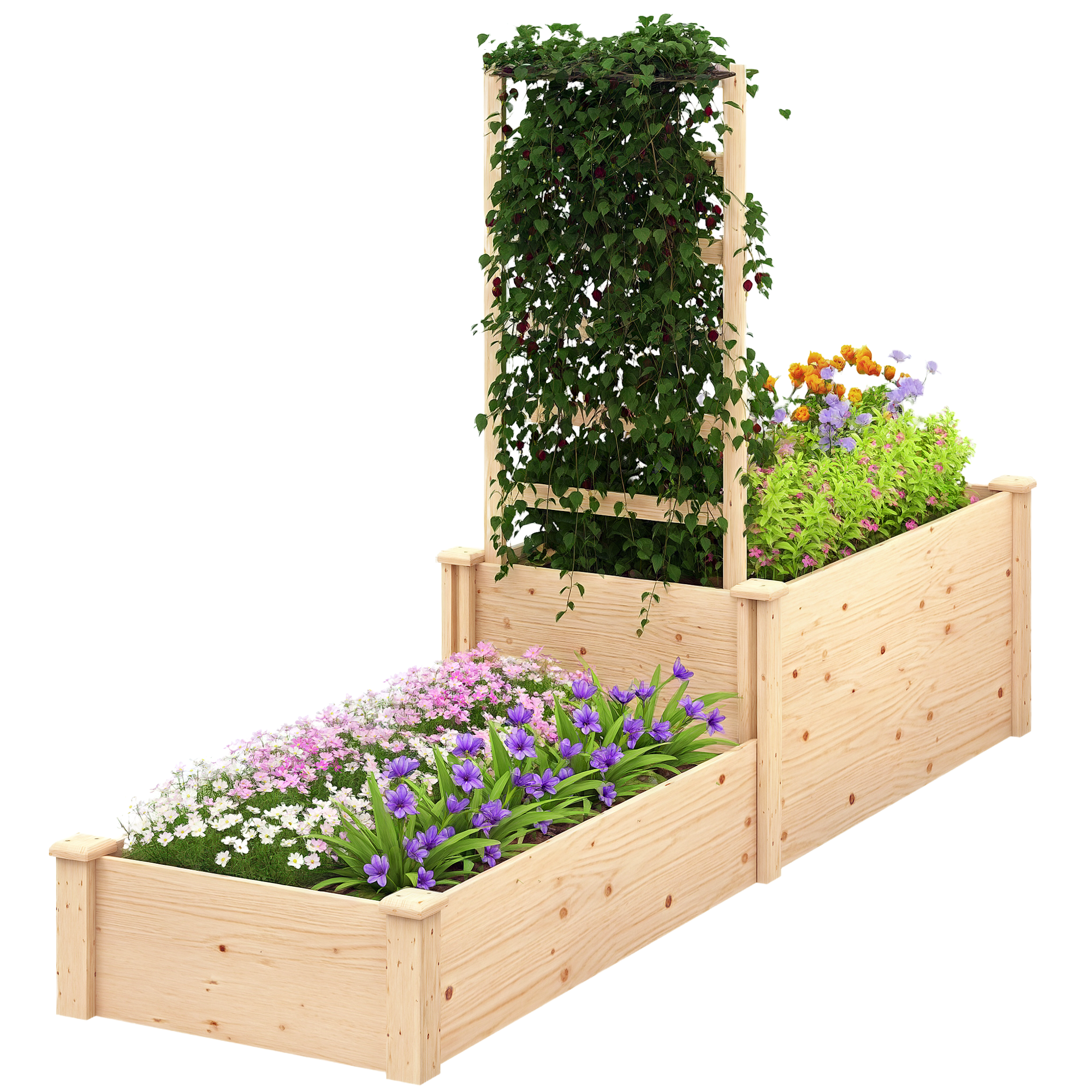 Un'aiuola rialzata in legno con piante rampicanti e fiori colorati.