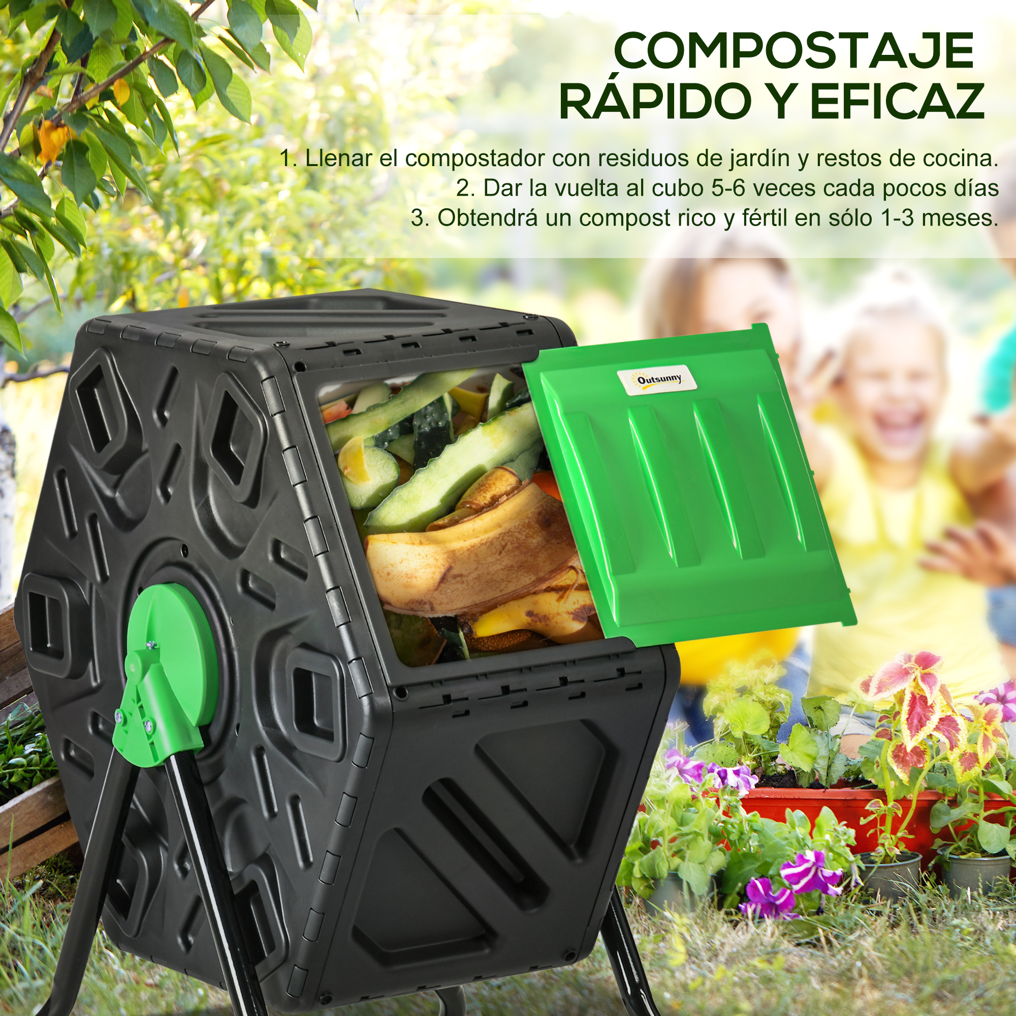 Compostador negro con tapa verde, lleno de restos de cocina, al aire libre.