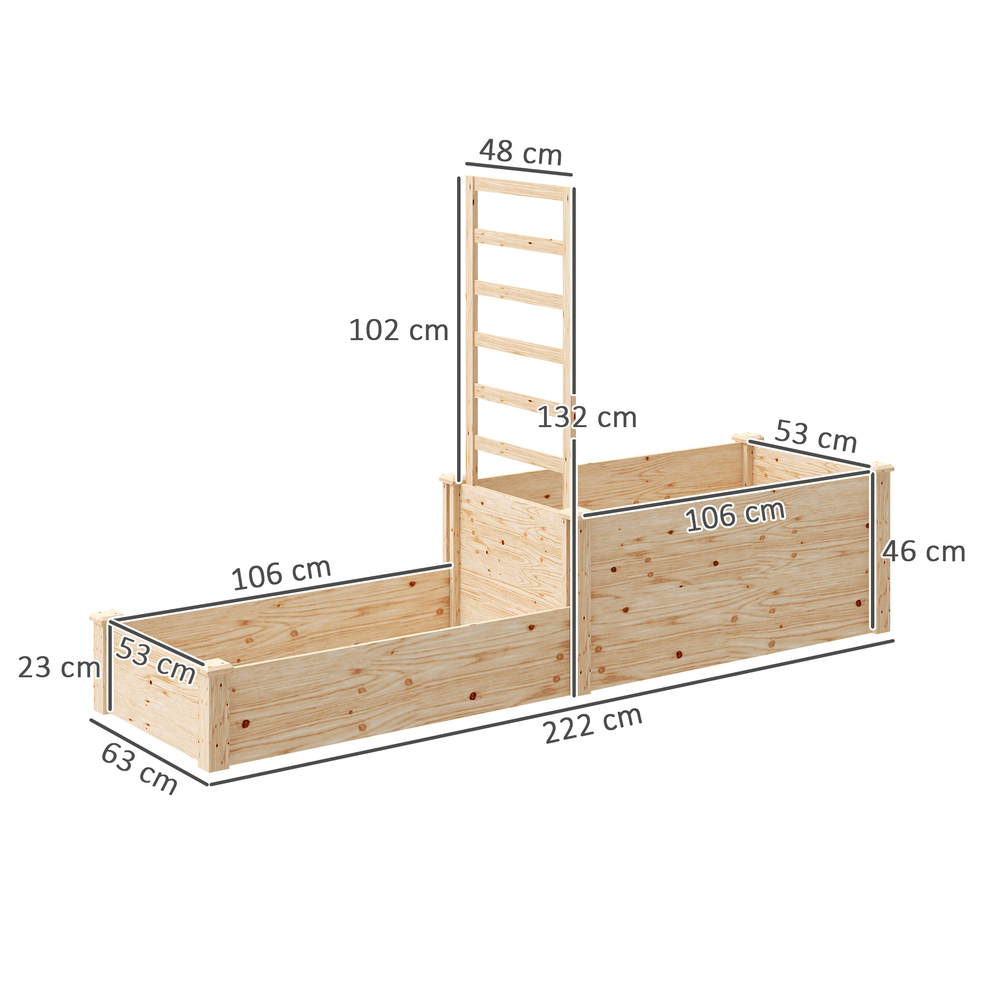 Una fioriera rialzata in legno con scala e dimensioni.