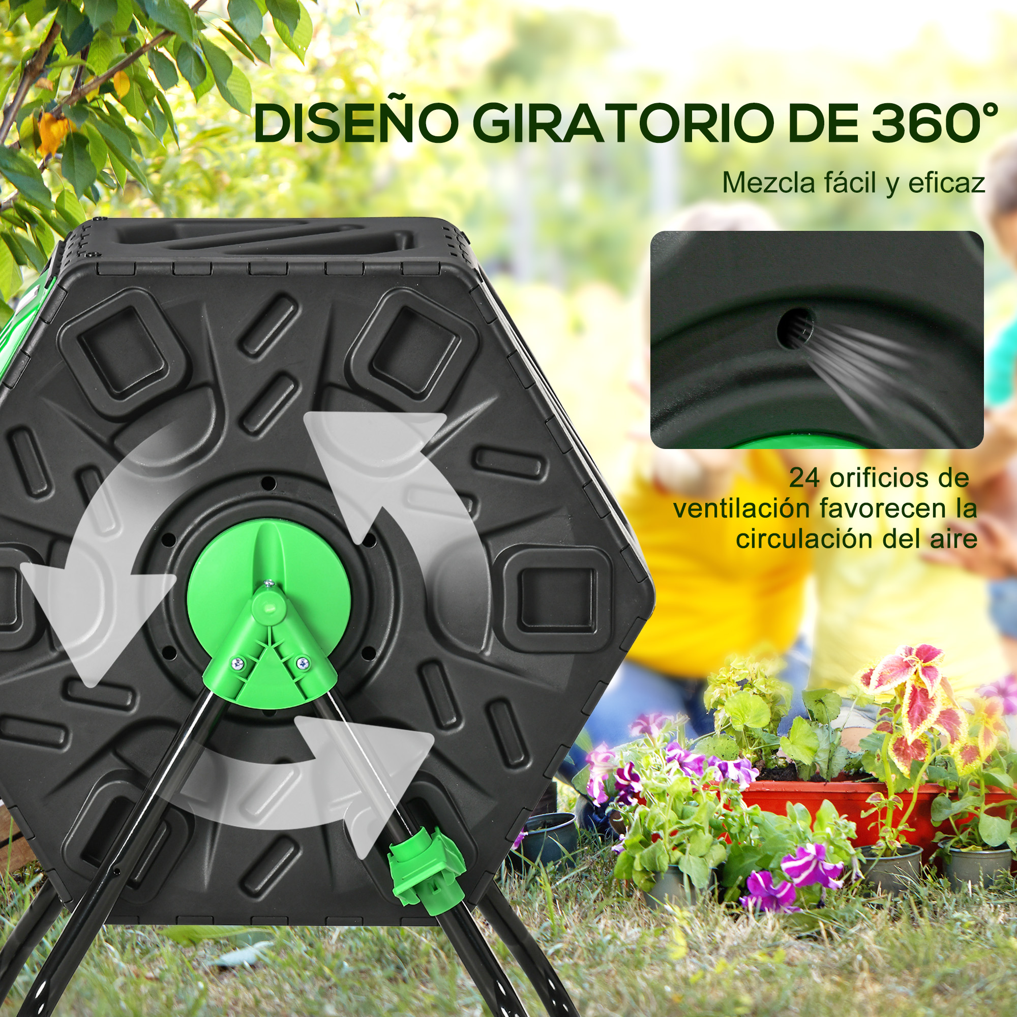 Compostador negro giratorio 360° con detalles verdes y plantas delante.