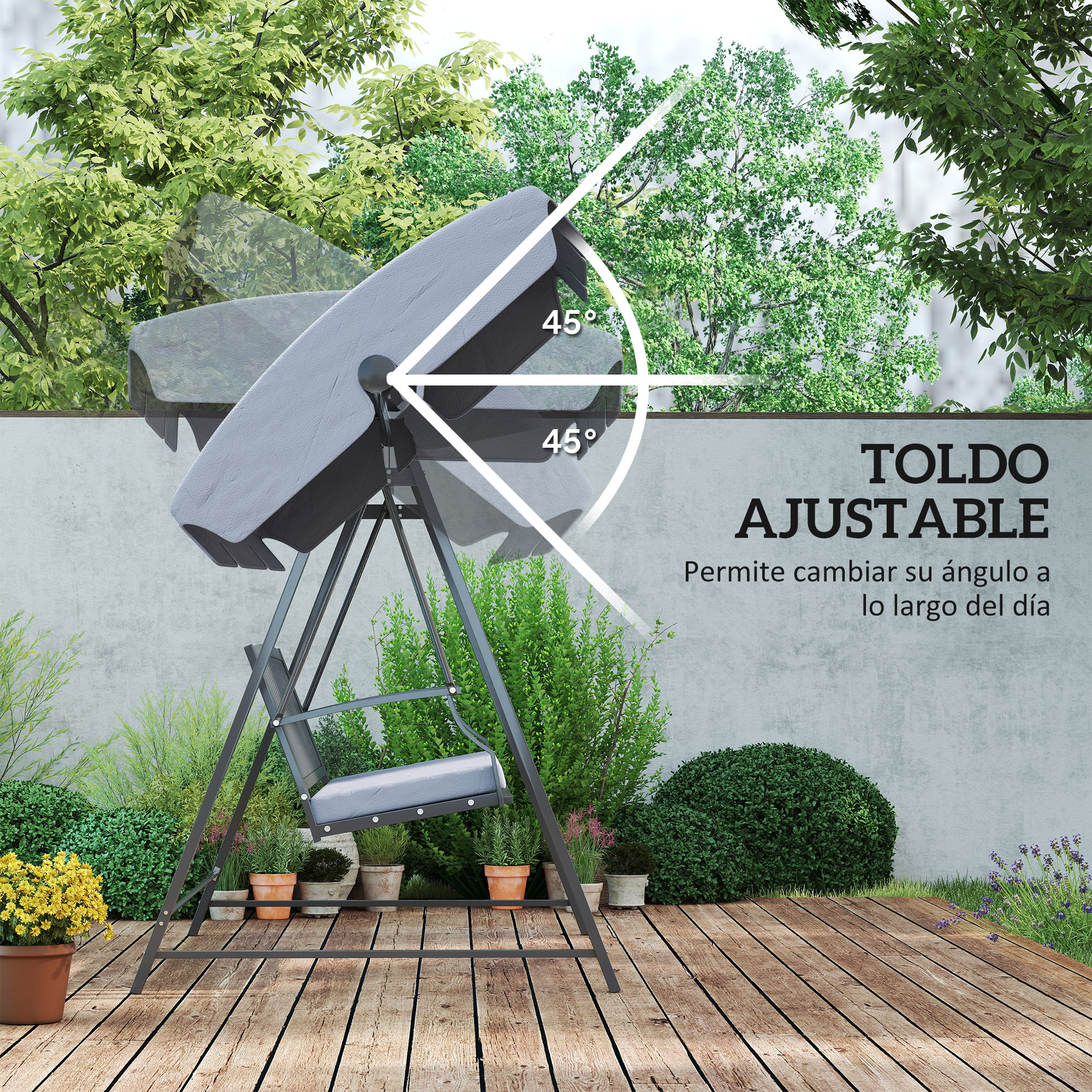 Un asiento de columpio gris con toldo ajustable en un jardín.