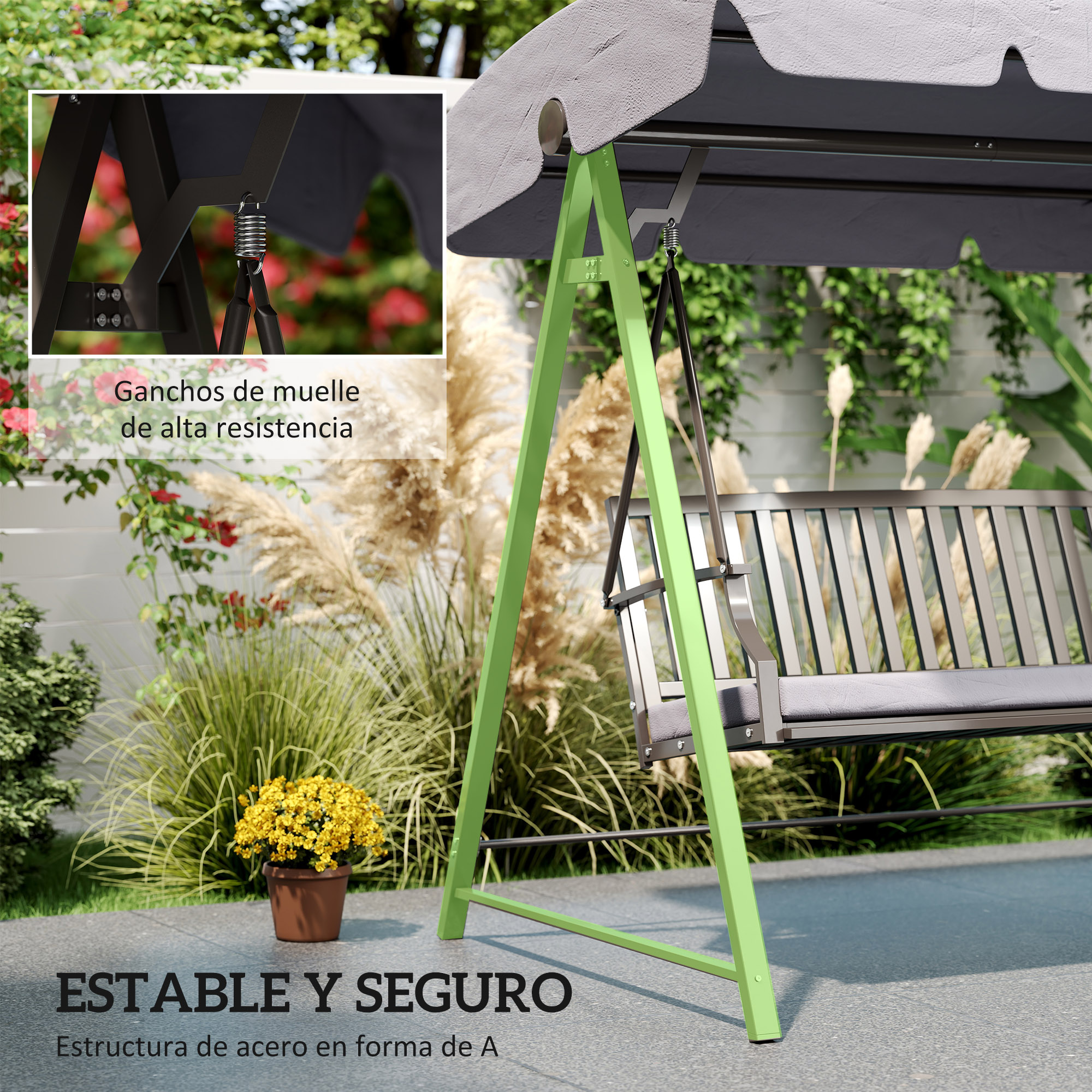 Columpio verde con marco en A, toldo y asiento grises. Exterior con plantas.