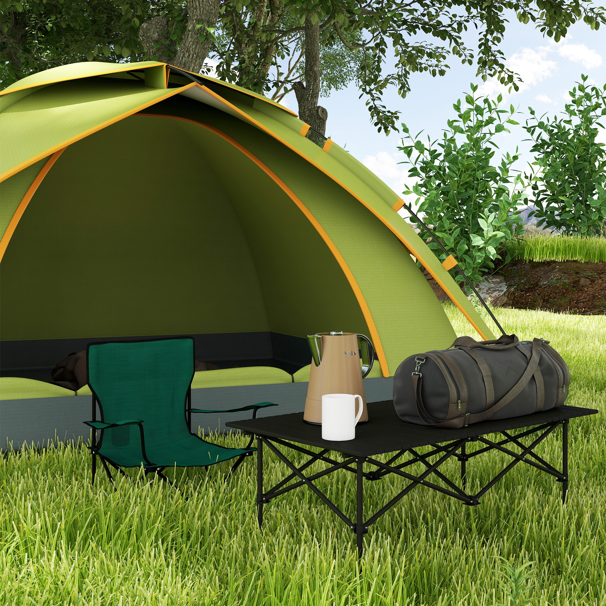 Tienda verde con muebles de camping y utensilios de cocina sobre hierba.