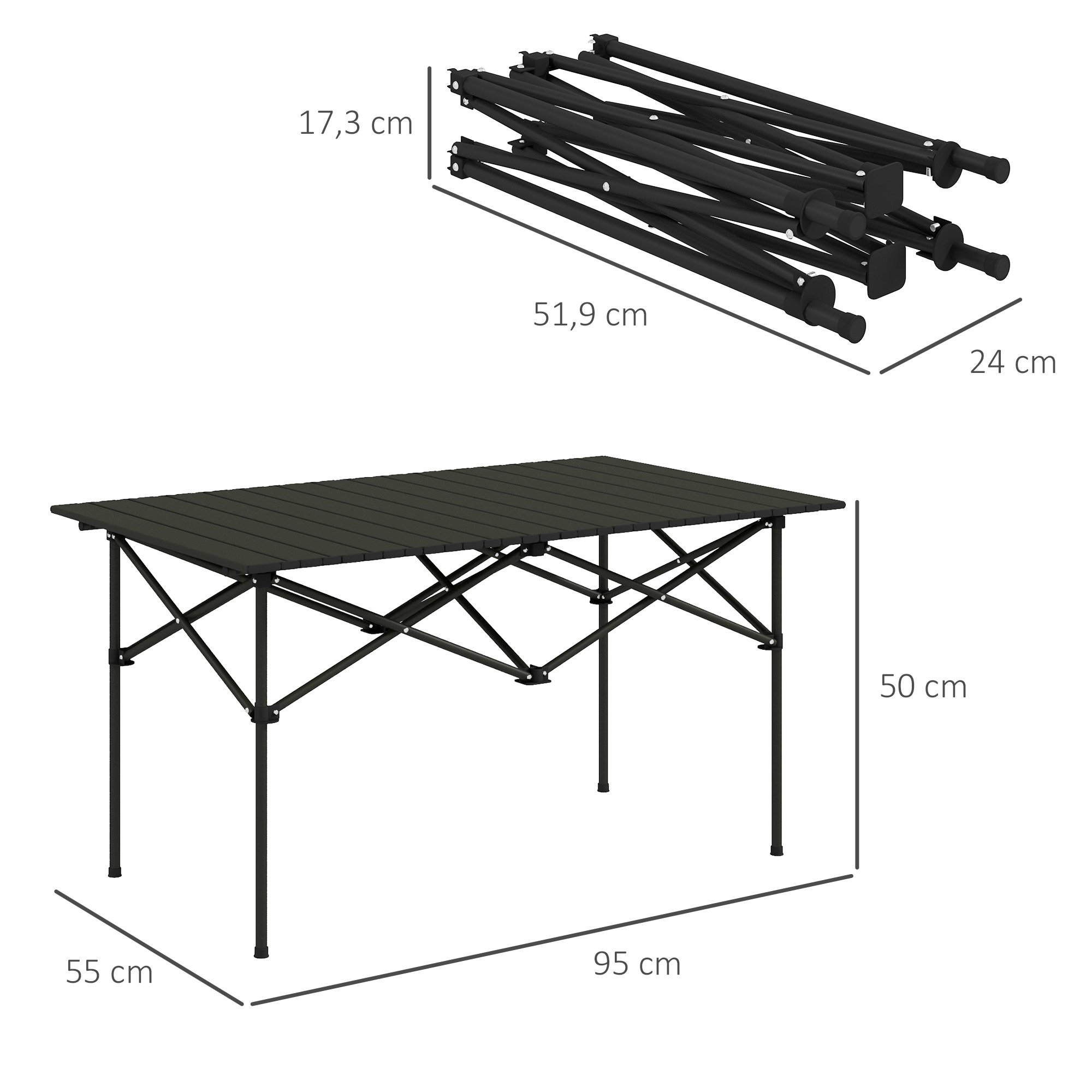 Una mesa plegable negra, mostrada desplegada y plegada, con dimensiones.