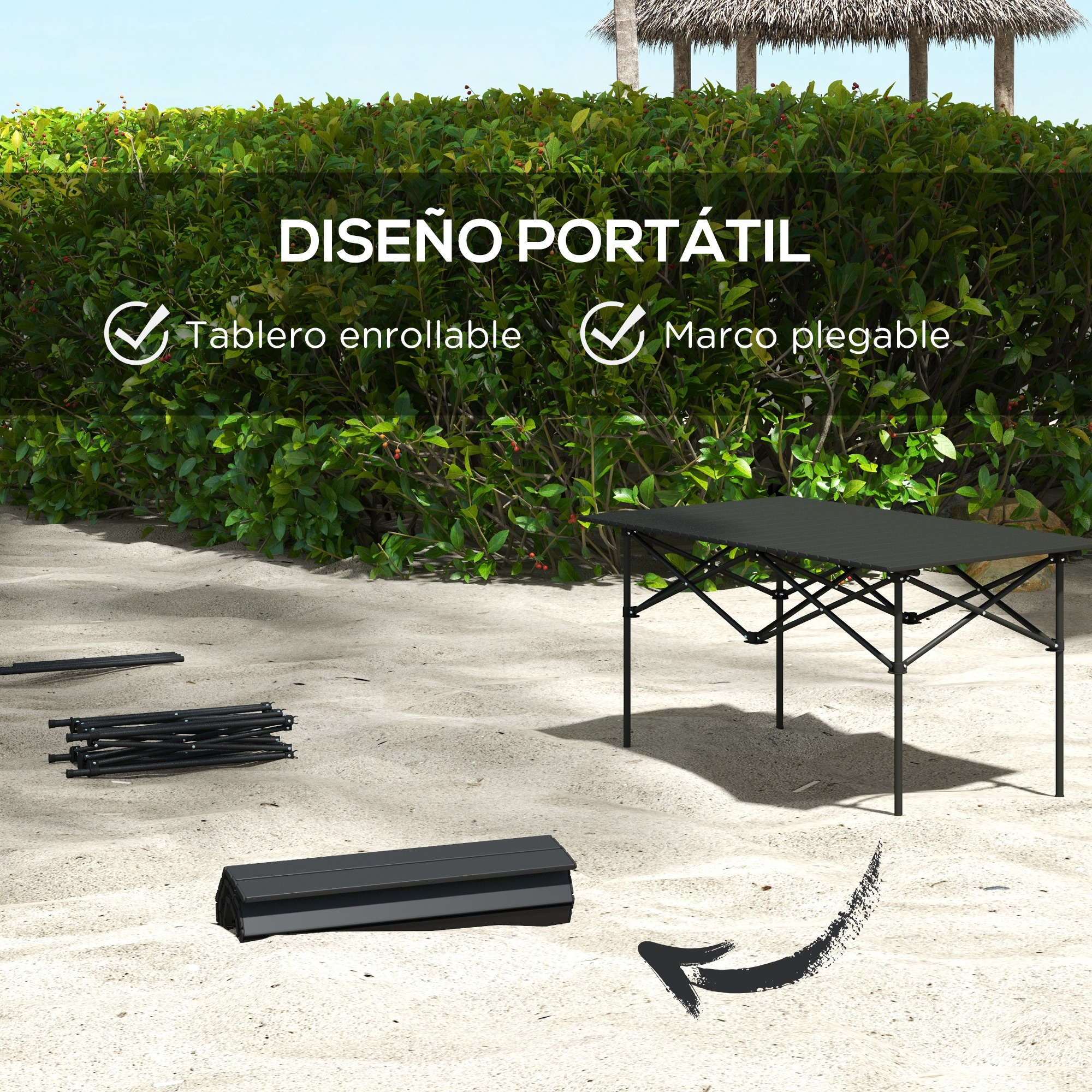 Una mesa plegable y sus partes yacen sobre arena. Un arbusto verde al fondo.