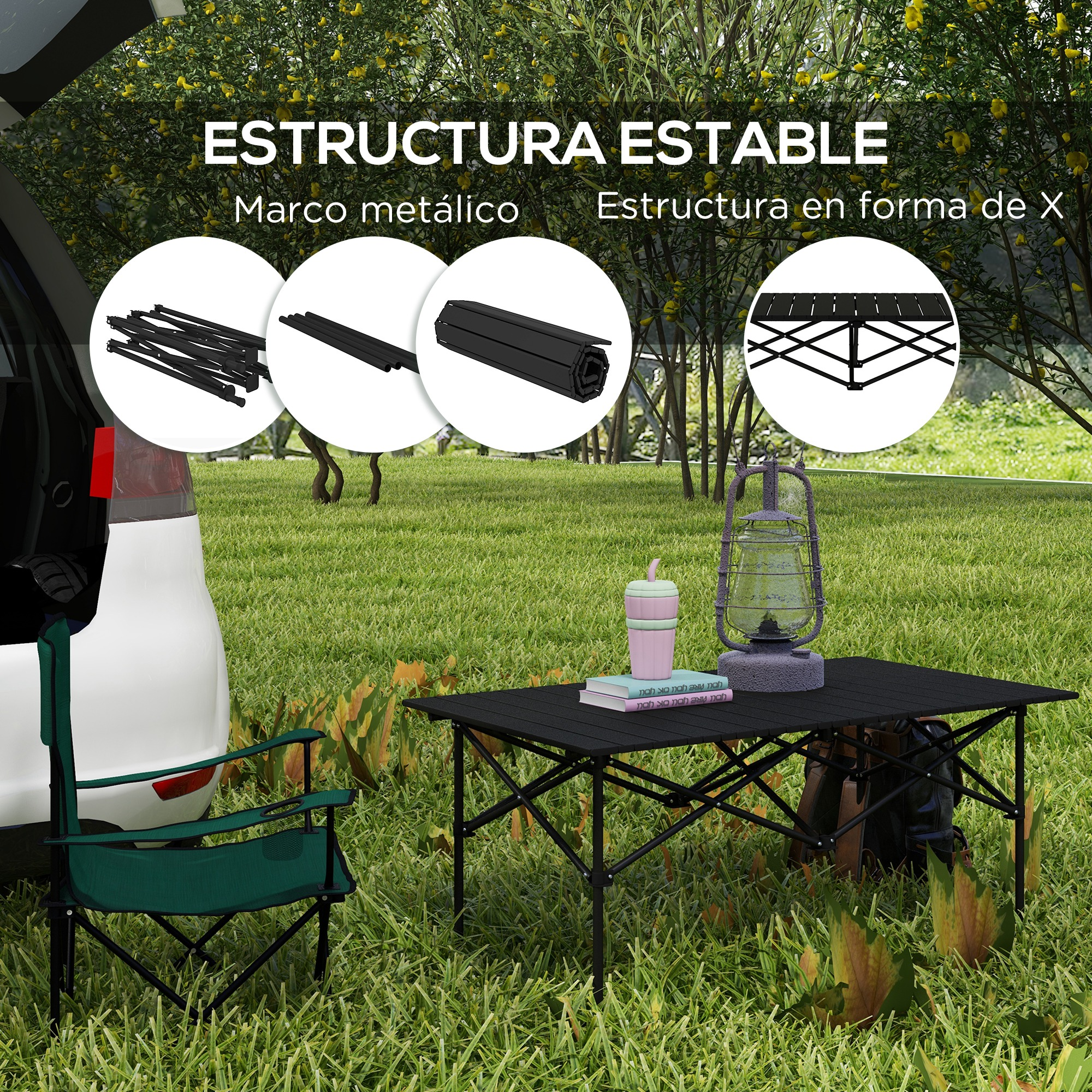 Un campamento con mesa, silla, farol y coche. Estructura de mesa mostrada en círculos.