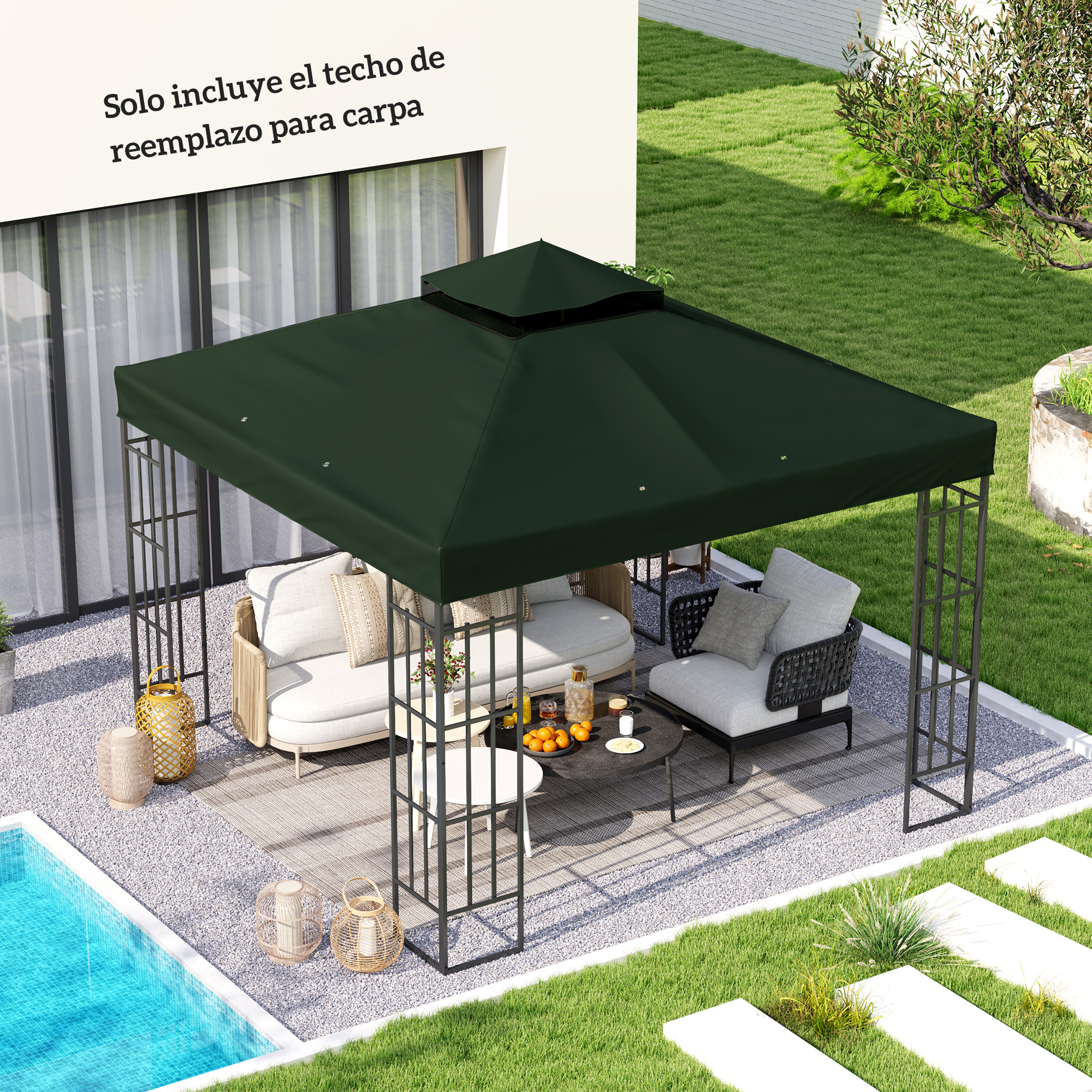Toldo verde oscuro para cenador sobre muebles de exterior.