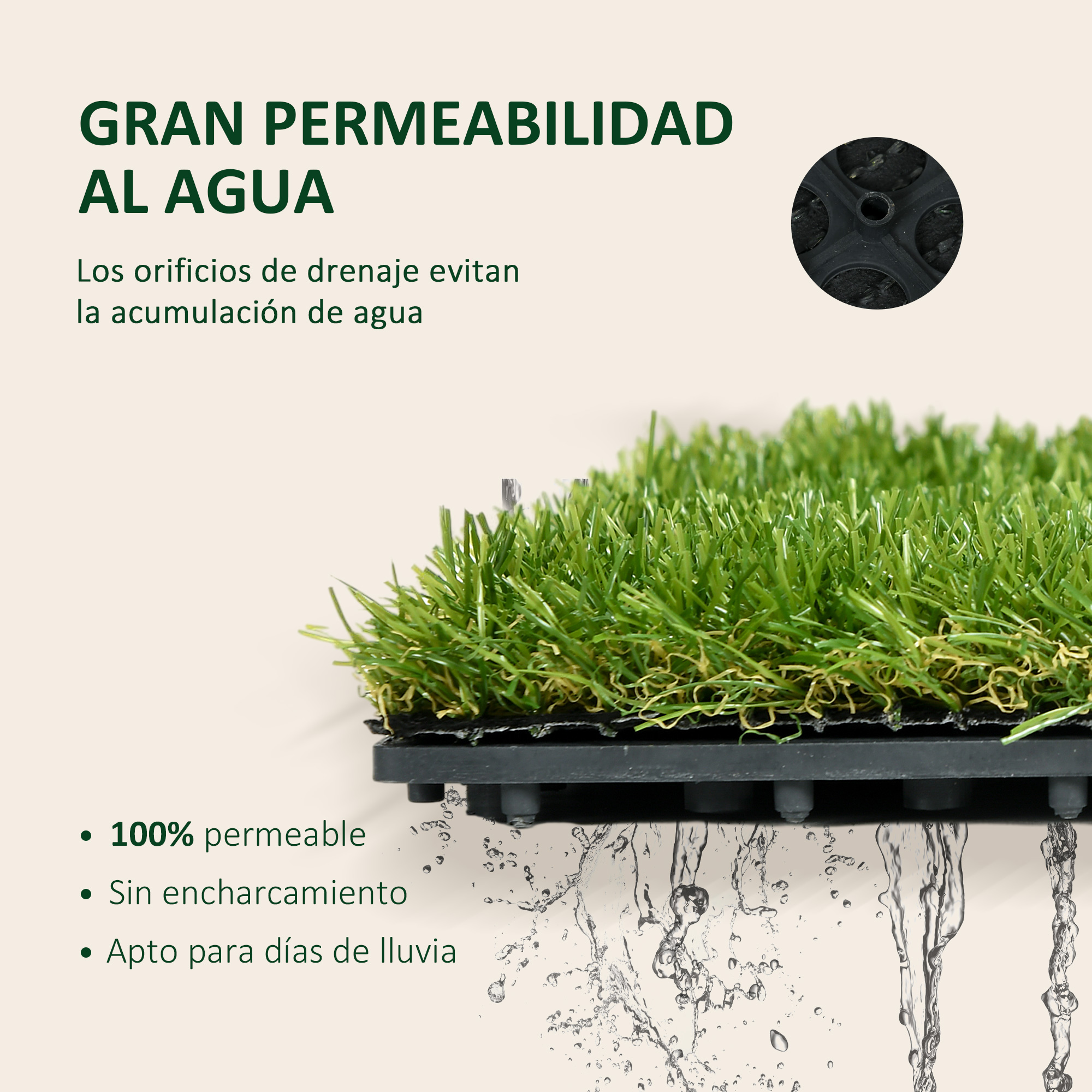 Césped artificial con orificios de drenaje, agua fluyendo.
