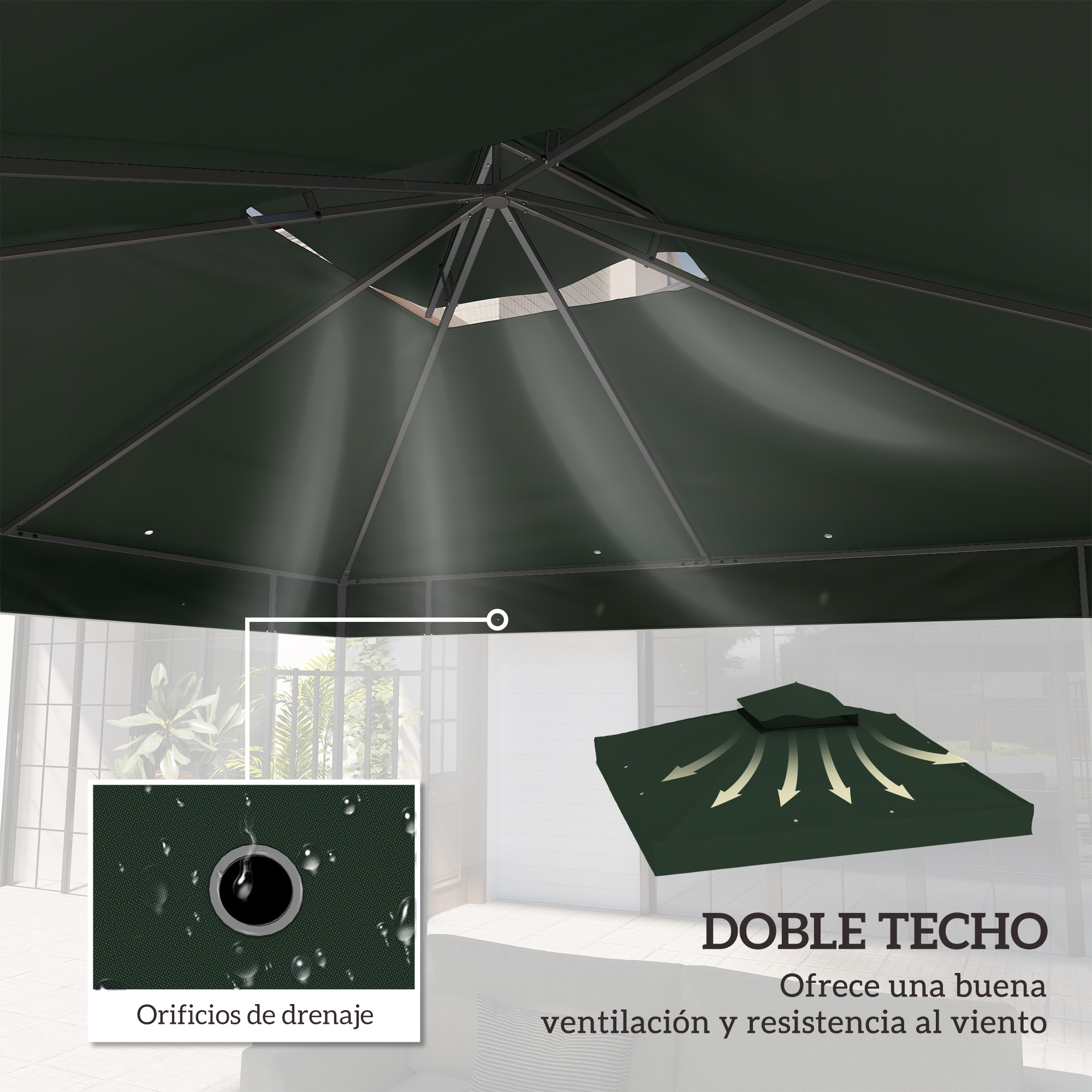 Doble techo verde oscuro con ventilación y orificios.