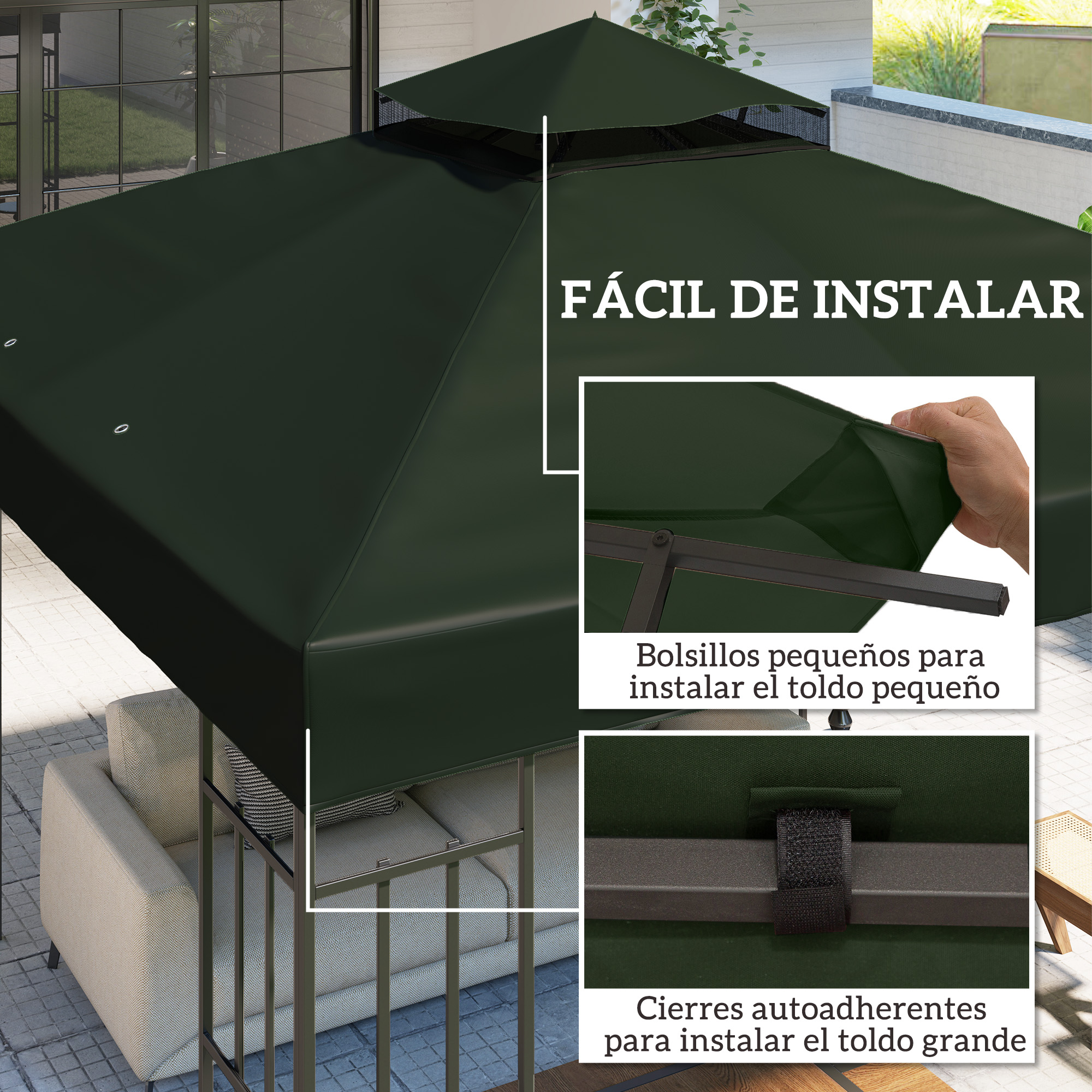 Pérgola verde oscura con instrucciones de instalación detalladas.