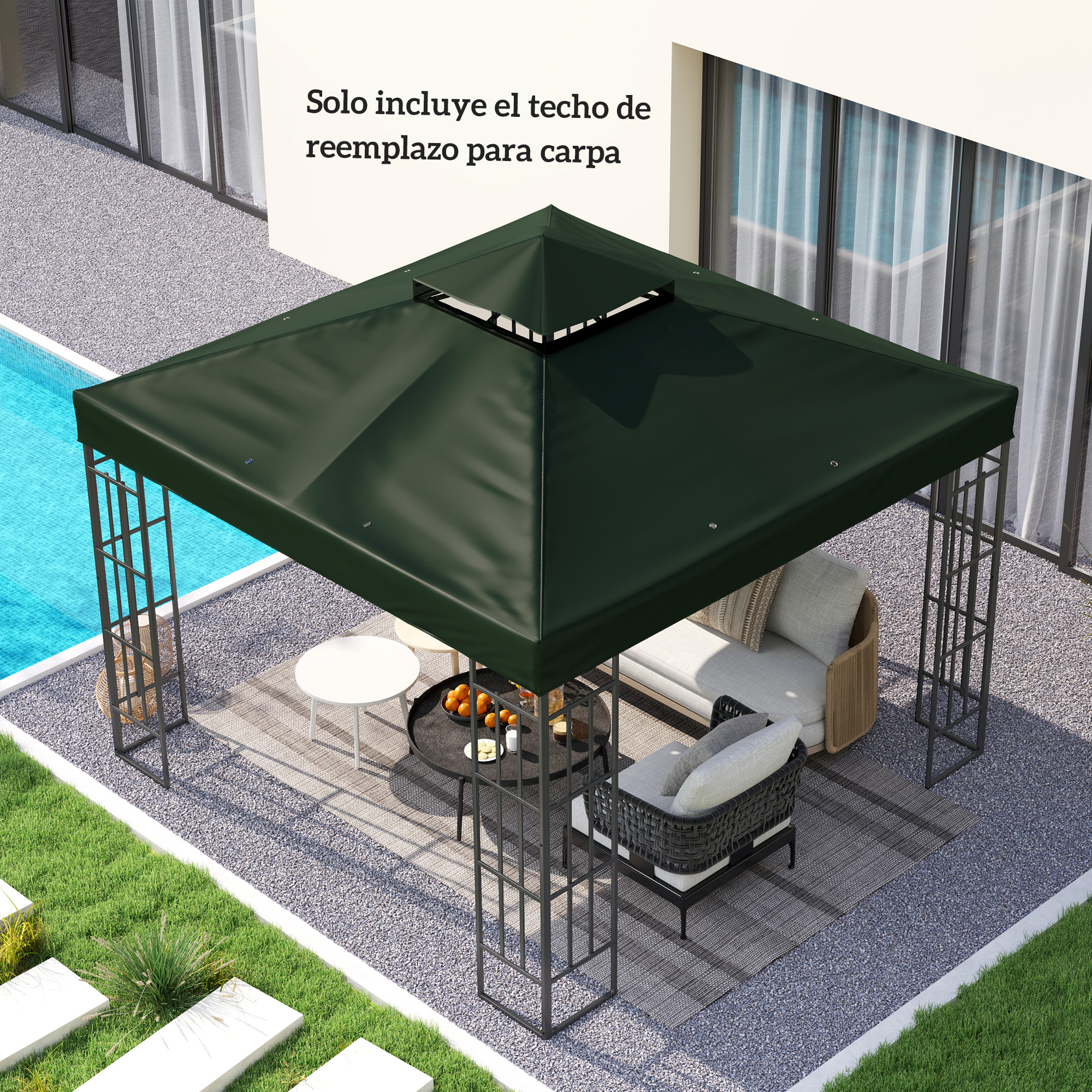 Techo de cenador verde oscuro sobre área de asientos exterior con muebles.