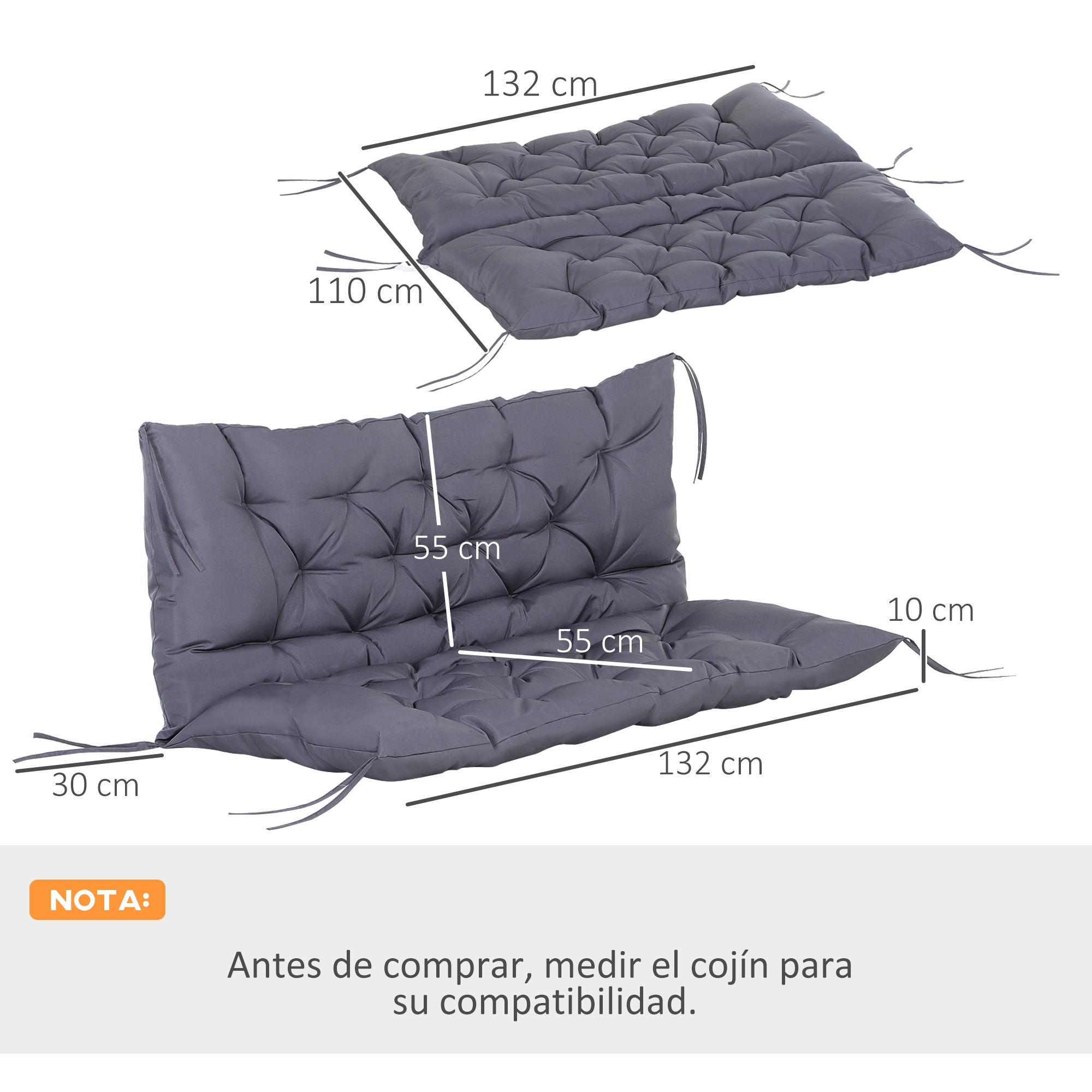 Cojín de banco gris con dimensiones 132x110 cm y 132x55 cm. Nota: medir.