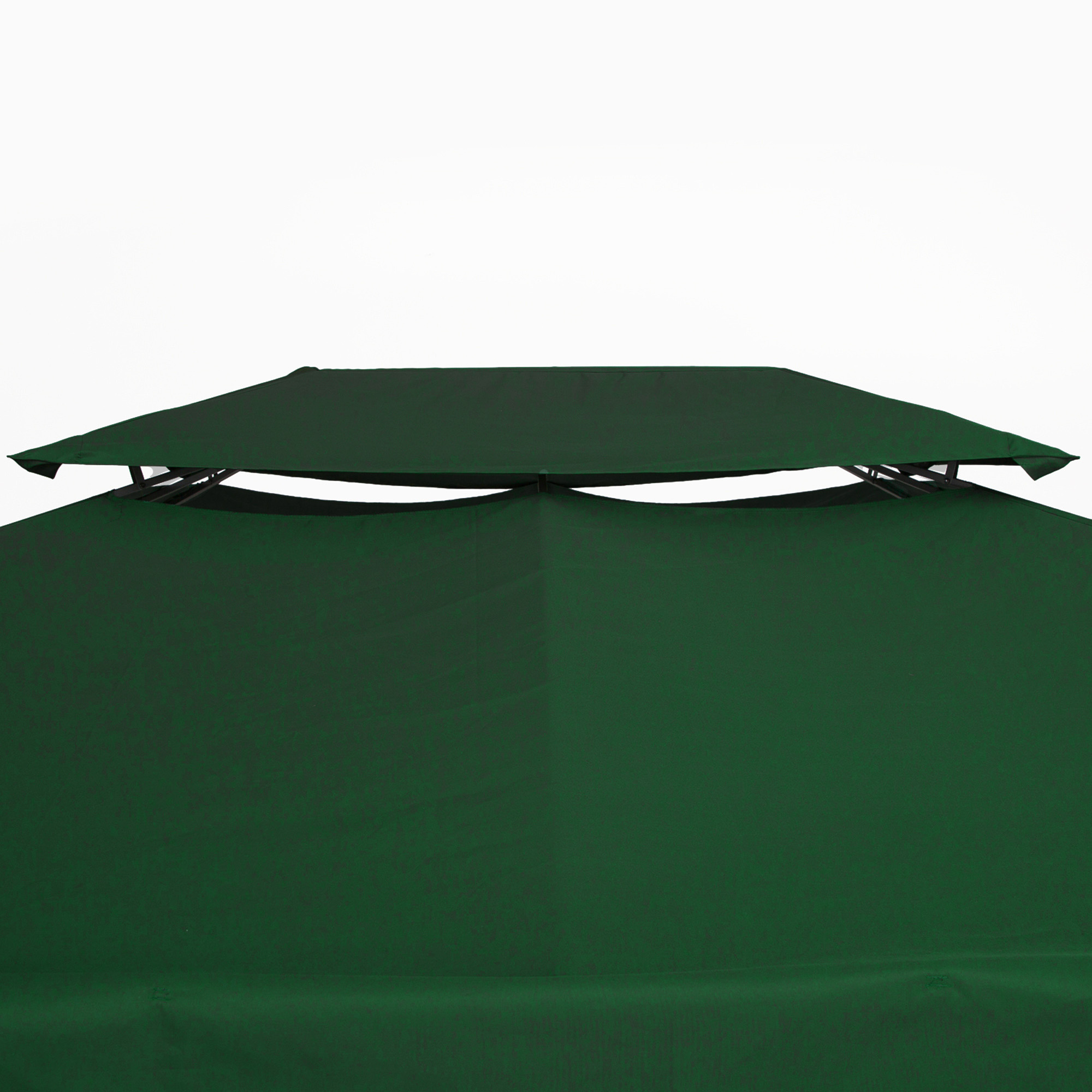 Tetto gazebo verde scuro con telaio metallico scuro e ventilazione.