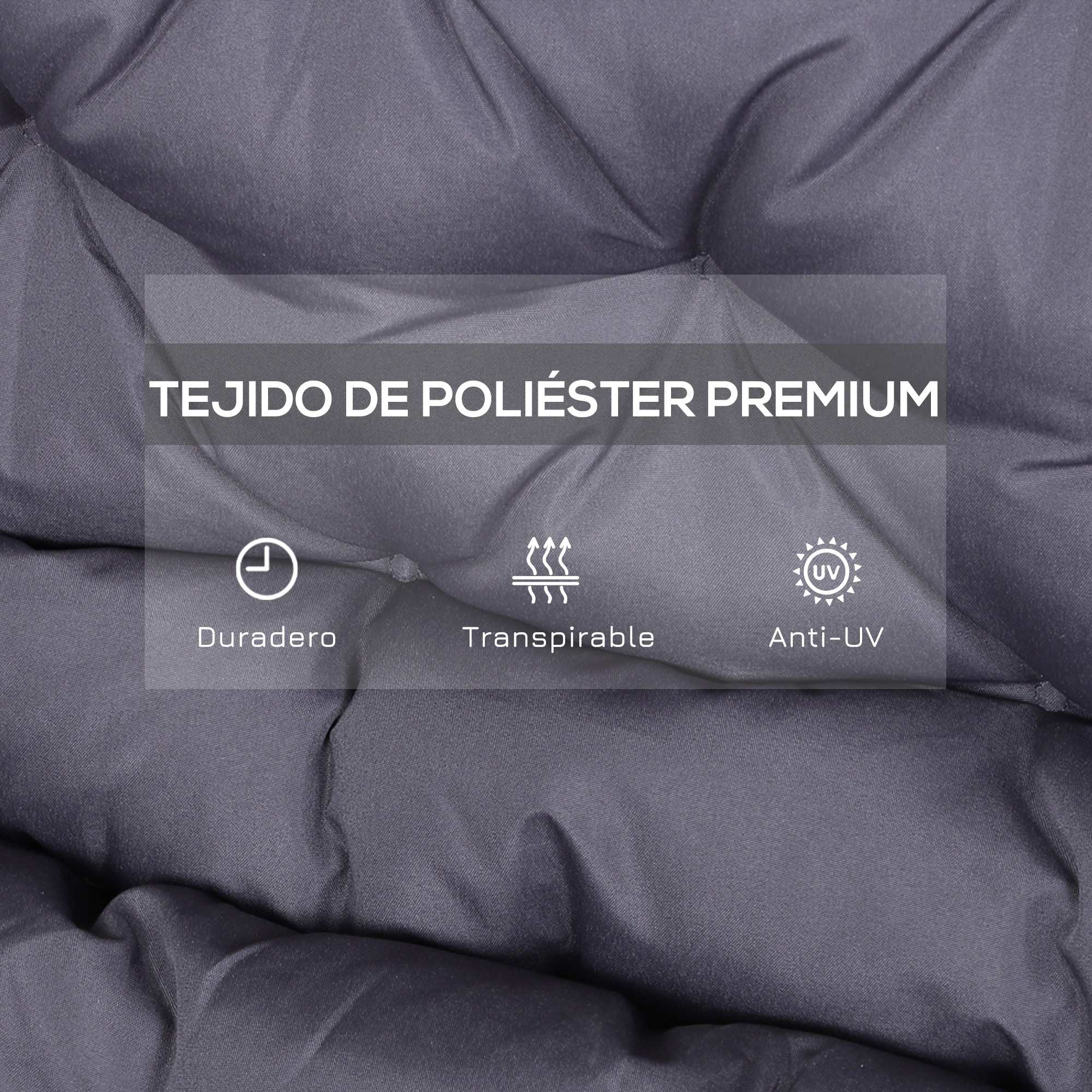 Tejido de poliéster gris con iconos de durabilidad, transpirabilidad y protección UV.